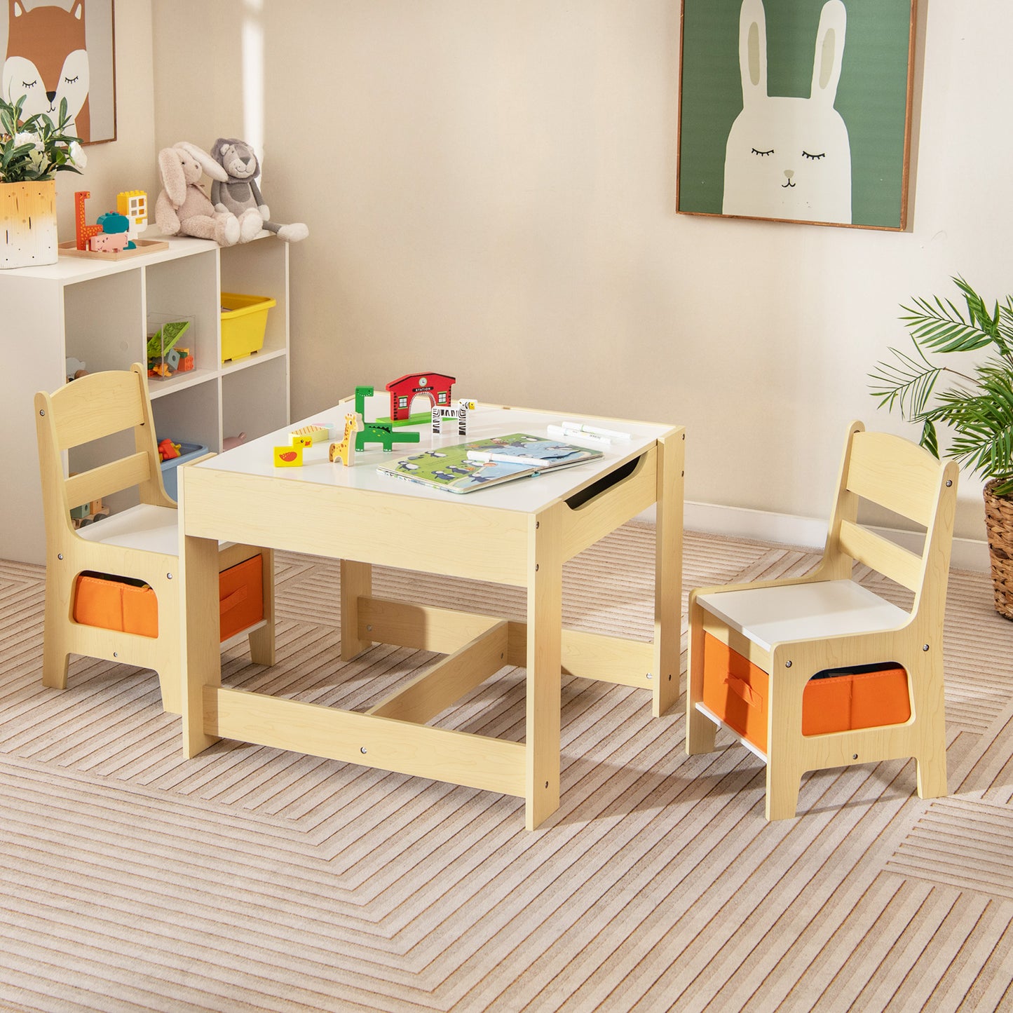 Kids Table Chairs Set With Storage Boxes Blackboard Whiteboard Drawing-Natural Kids Crystal