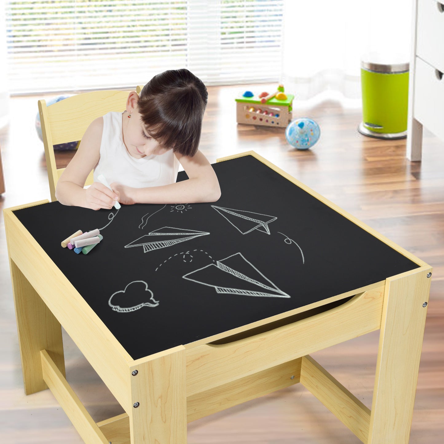 Kids Table Chairs Set With Storage Boxes Blackboard Whiteboard Drawing-Natural Kids Crystal