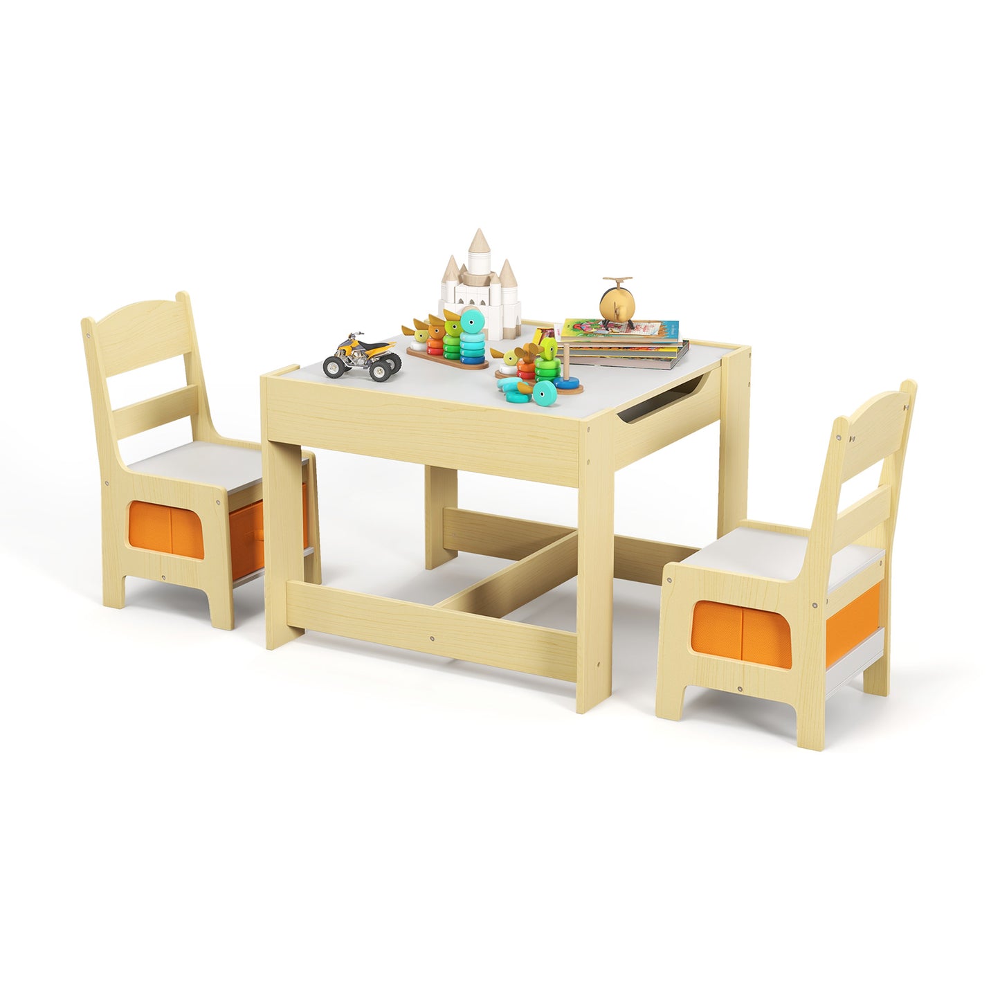 Kids Table Chairs Set With Storage Boxes Blackboard Whiteboard Drawing-Natural Kids Crystal
