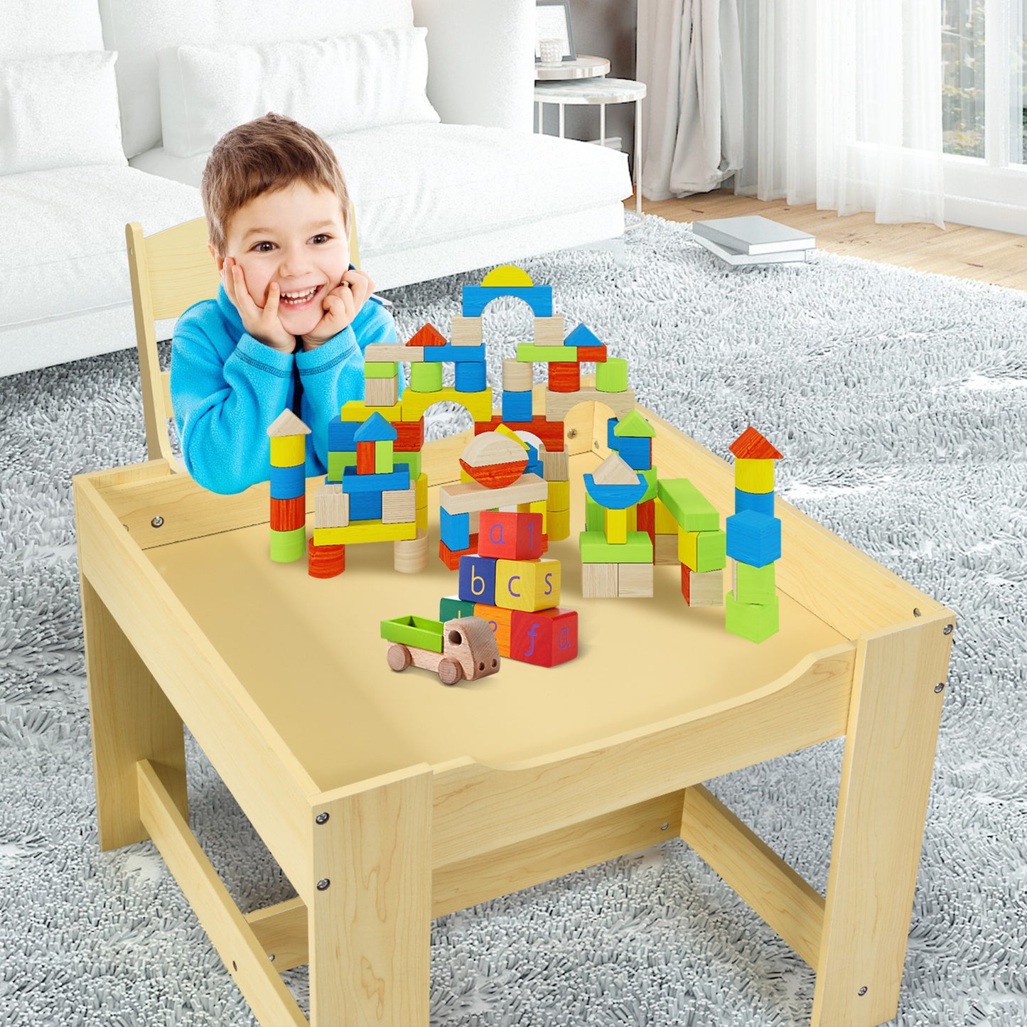 Kids Table Chairs Set With Storage Boxes Blackboard Whiteboard Drawing-Natural Kids Crystal