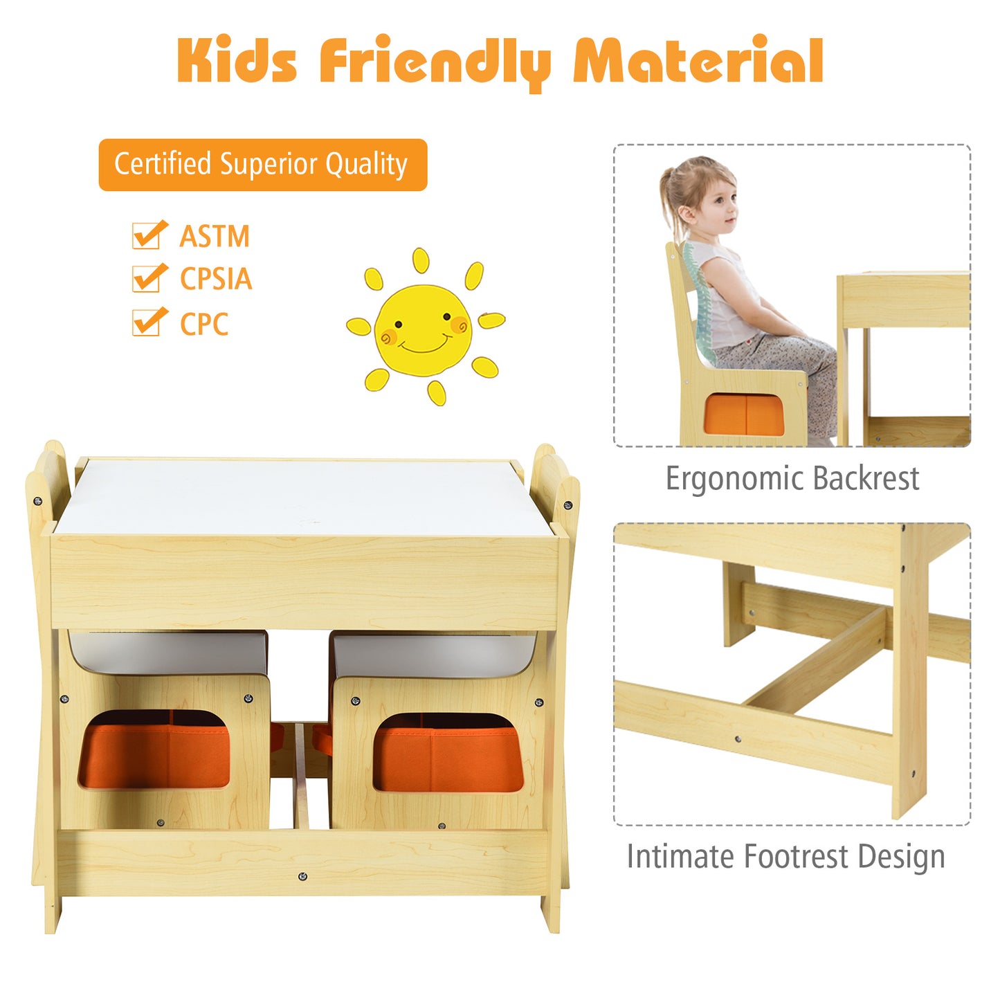 Kids Table Chairs Set With Storage Boxes Blackboard Whiteboard Drawing-Natural Kids Crystal