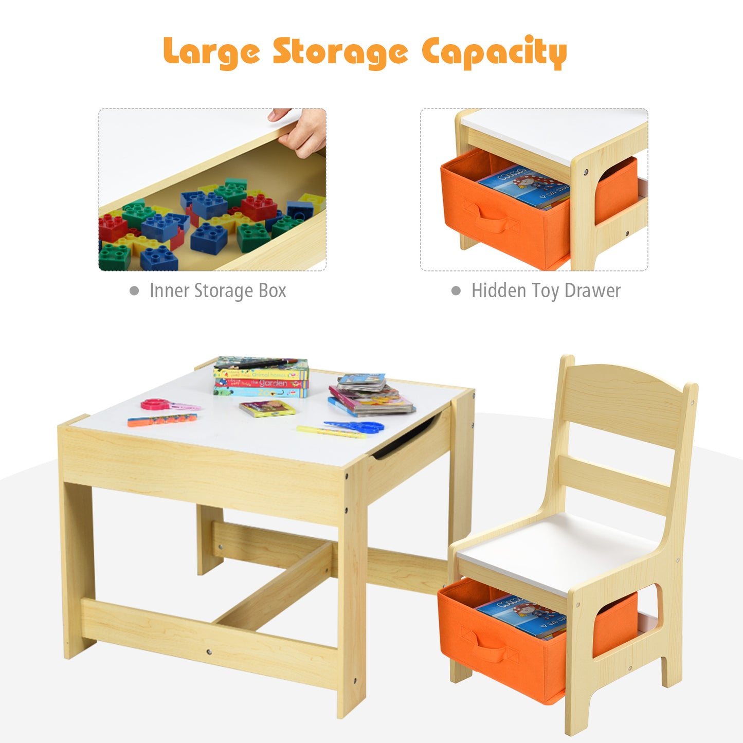 Kids Table Chairs Set With Storage Boxes Blackboard Whiteboard Drawing-Natural Kids Crystal