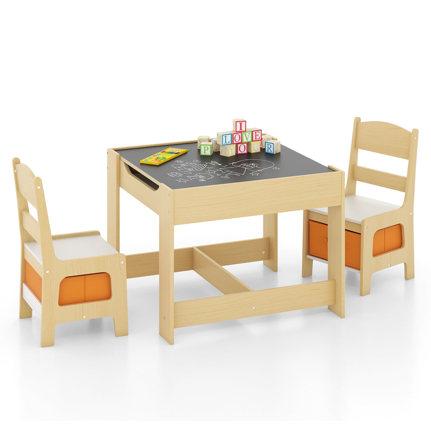 Kids Table Chairs Set With Storage Boxes Blackboard Whiteboard Drawing-Natural Kids Crystal