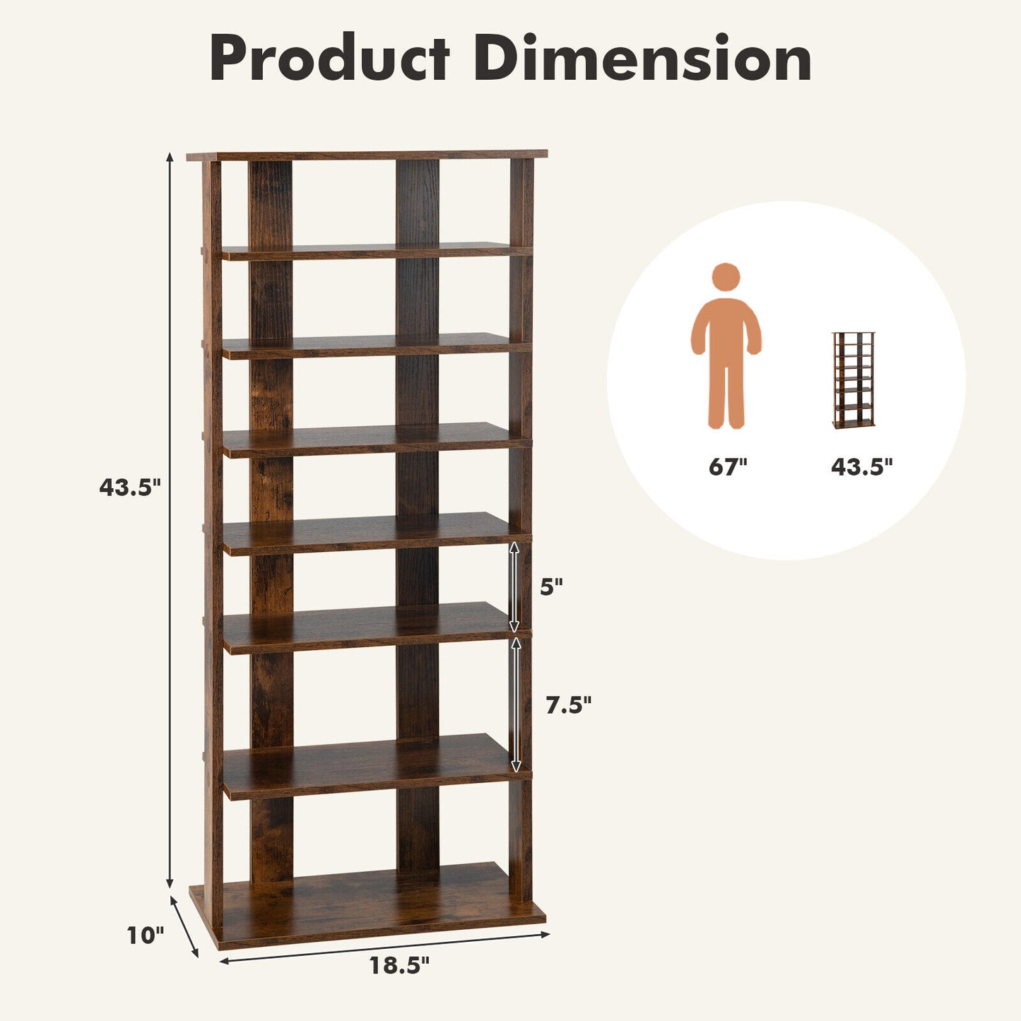 7 Tiers Vertical Shoe Rack for Front Door-Rustic Brown Kids Crystal