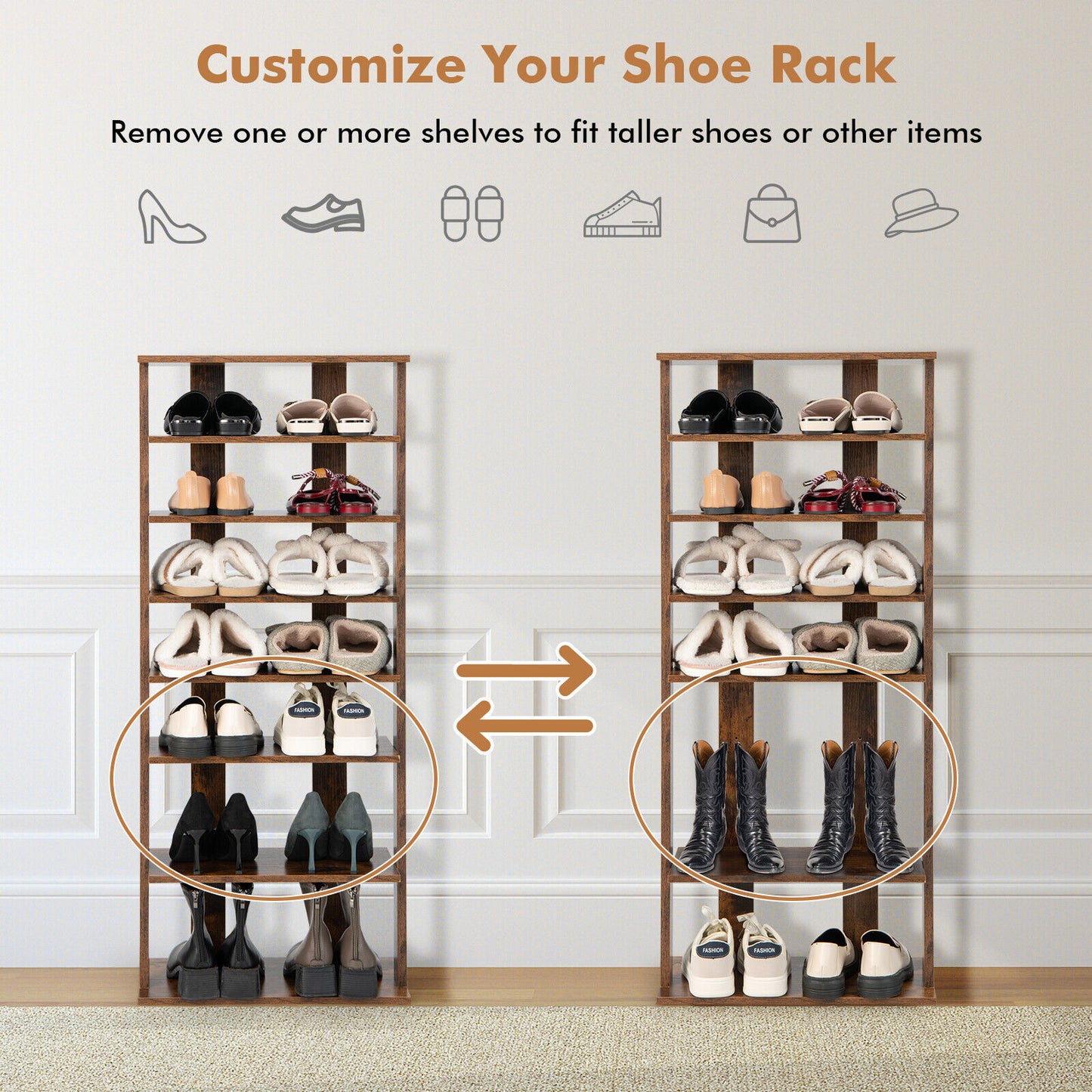 7 Tiers Vertical Shoe Rack for Front Door-Rustic Brown Kids Crystal