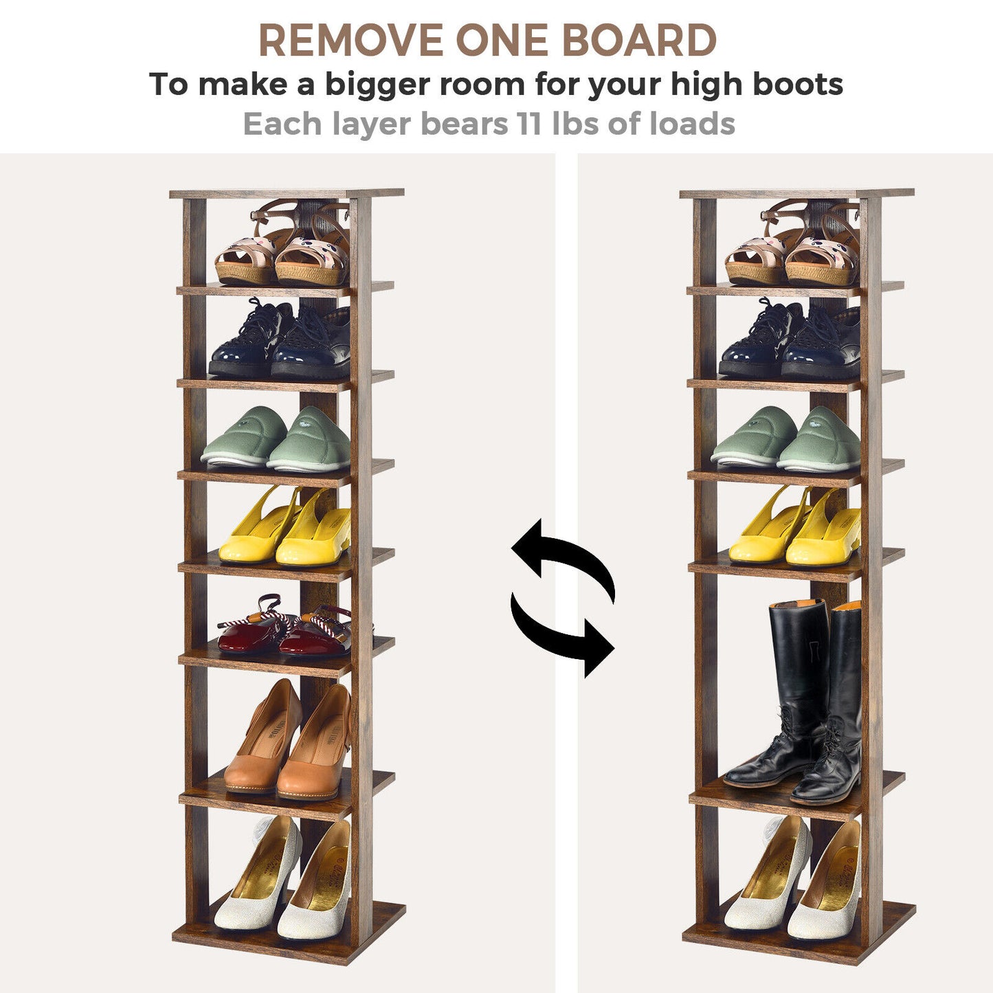 Wooden Shoes Storage Stand 7 Tiers Shoe Rack Organizer Multi-shoe Rack Shoebox-Rustic Brown Kids Crystal