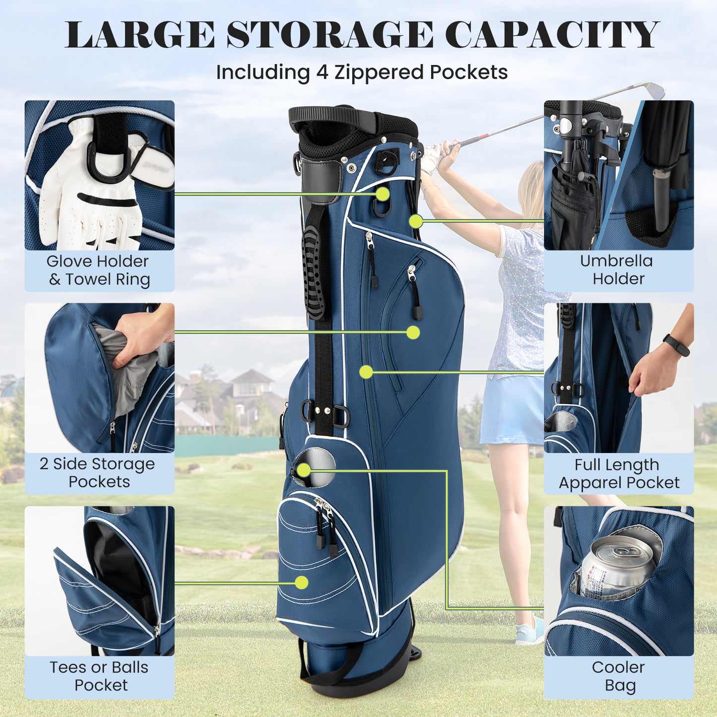 Golf Stand Cart Bag with 4 Way Divider Carry Organizer Pockets-Blue Kids Crystal