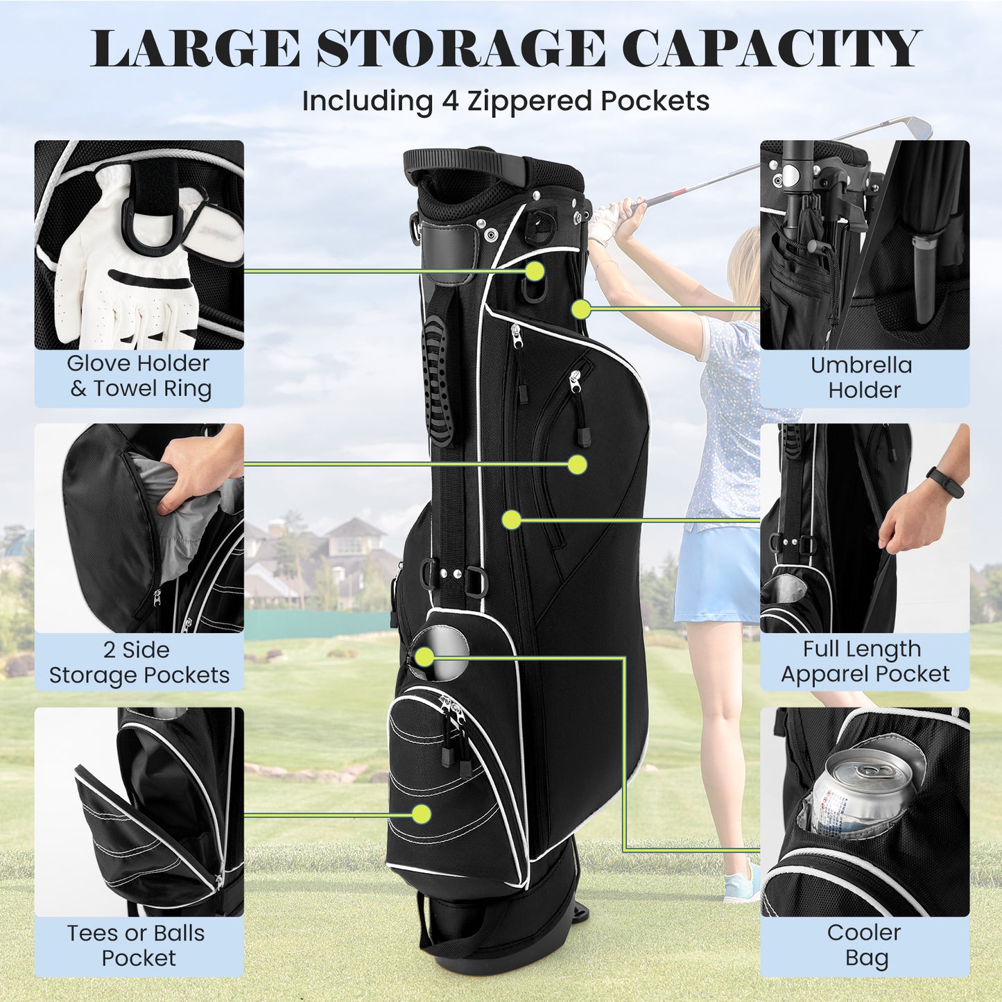 Golf Stand Cart Bag with 4 Way Divider Carry Organizer Pockets-Black Kids Crystal