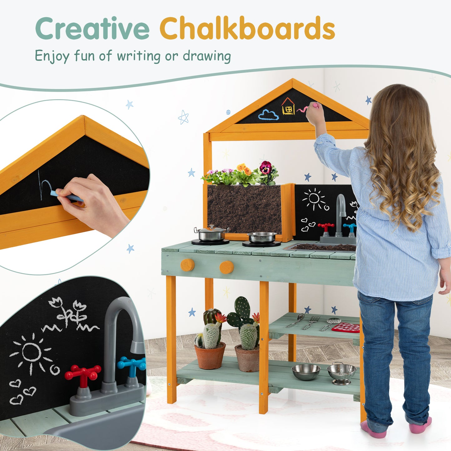 Kids Kitchen Playset with Root Viewer Planter and Rotatable Faucet Kids Crystal