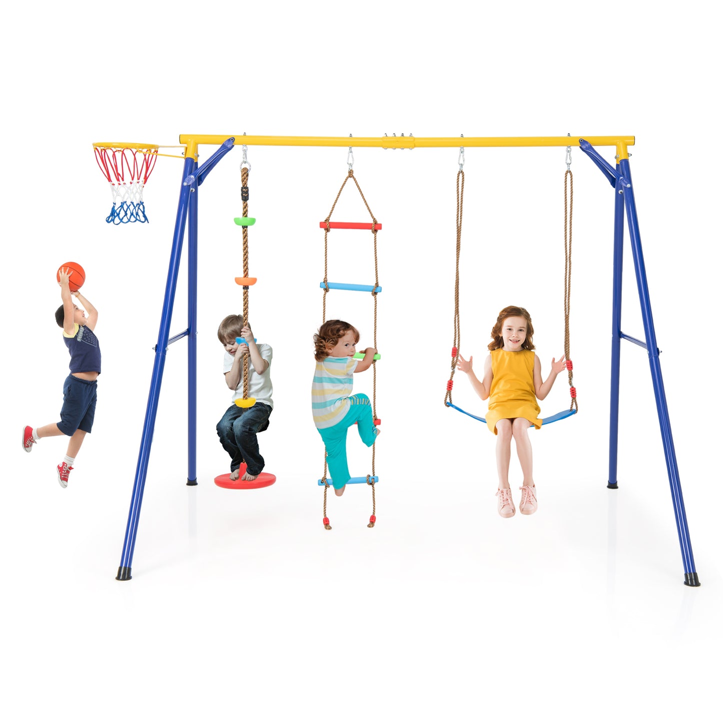 4-in-1 660 lbs Heavy Duty Swing Set for Kids Aged 3-9 Years Old-Yellow Kids Crystal