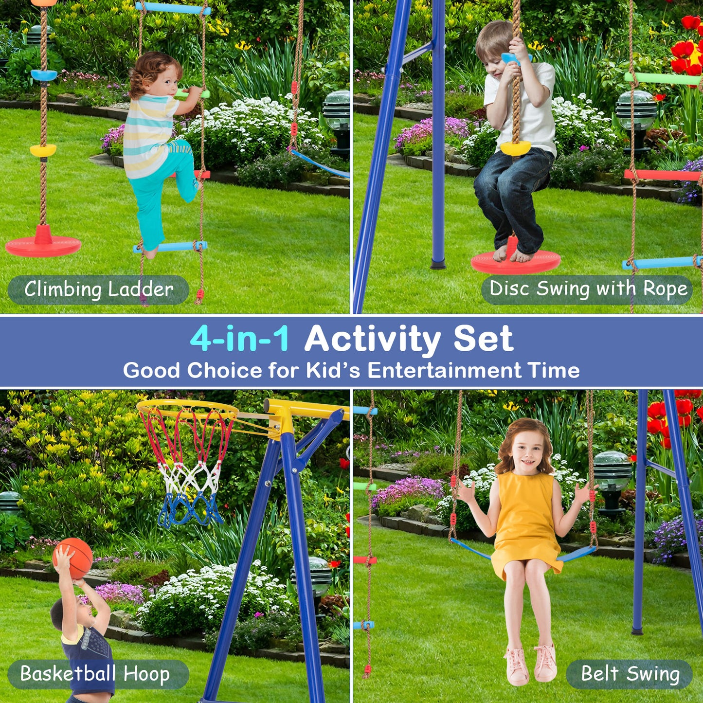 4-in-1 660 lbs Heavy Duty Swing Set for Kids Aged 3-9 Years Old-Yellow Kids Crystal