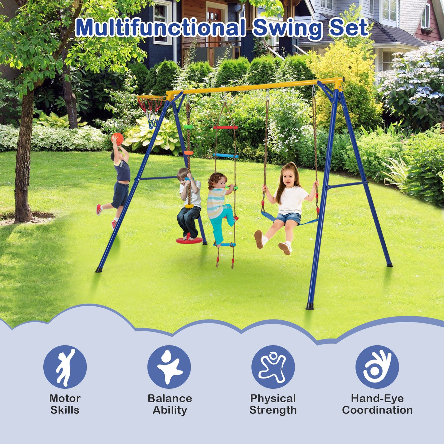 4-in-1 660 lbs Heavy Duty Swing Set for Kids Aged 3-9 Years Old-Yellow Kids Crystal