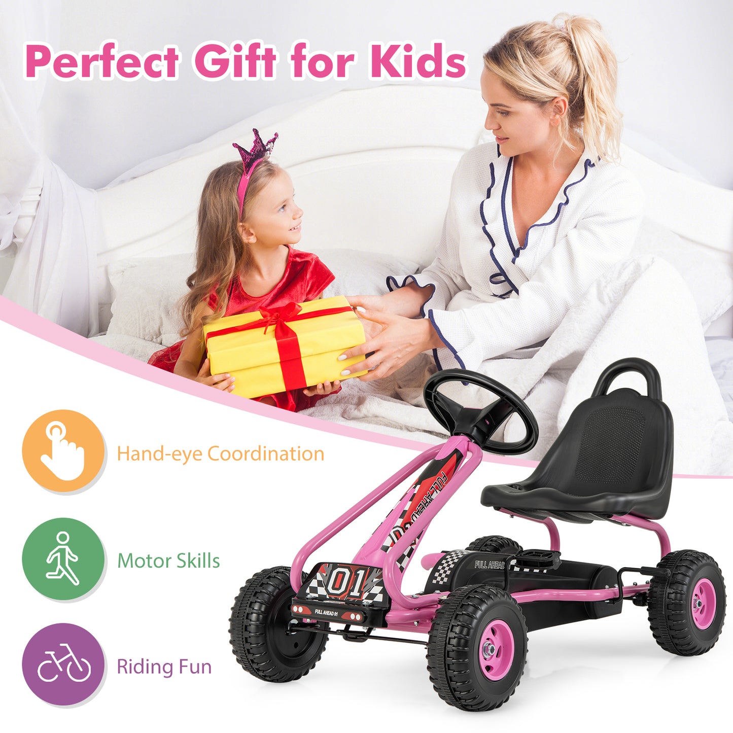 4 Wheel Pedal Powered Ride On Car with Adjustable Seat-Pink Kids Crystal