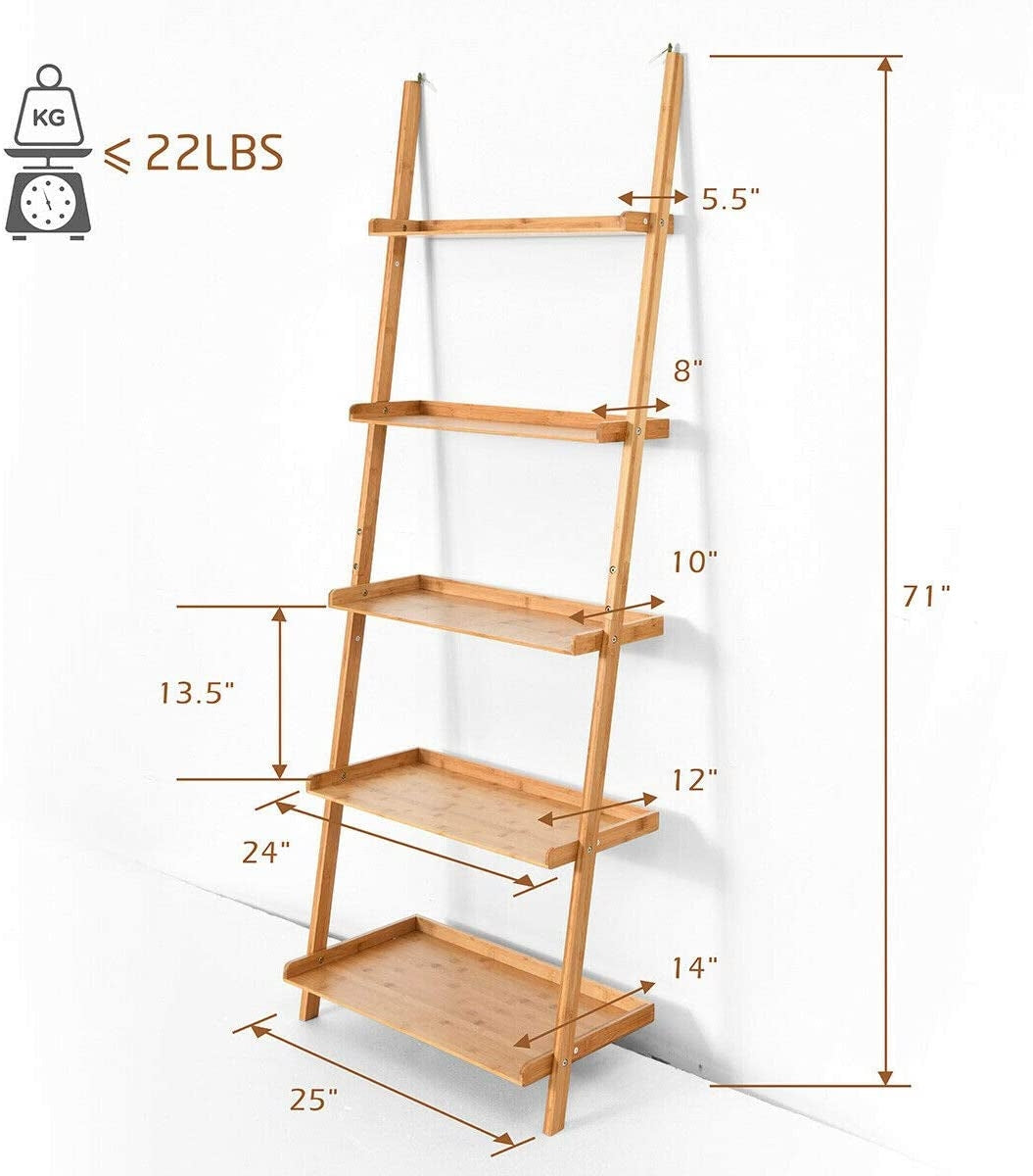 5-Tier Ladder Shelf Bamboo Bookshelf Wall-Leaning Storage Display Plant Stand-Natural Kids Crystal