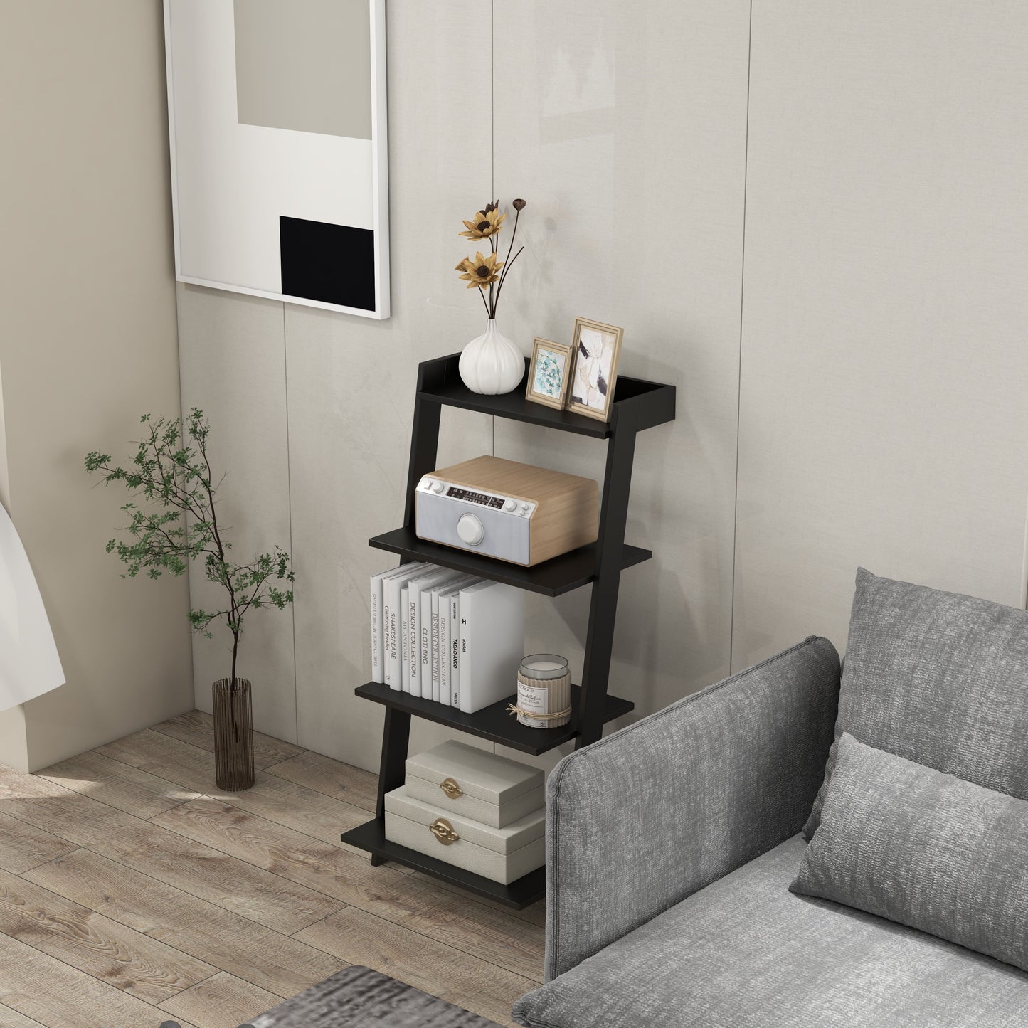 4-Tier Ladder Shelf with Solid Frame and Anti-toppling Device-Black Kids Crystal