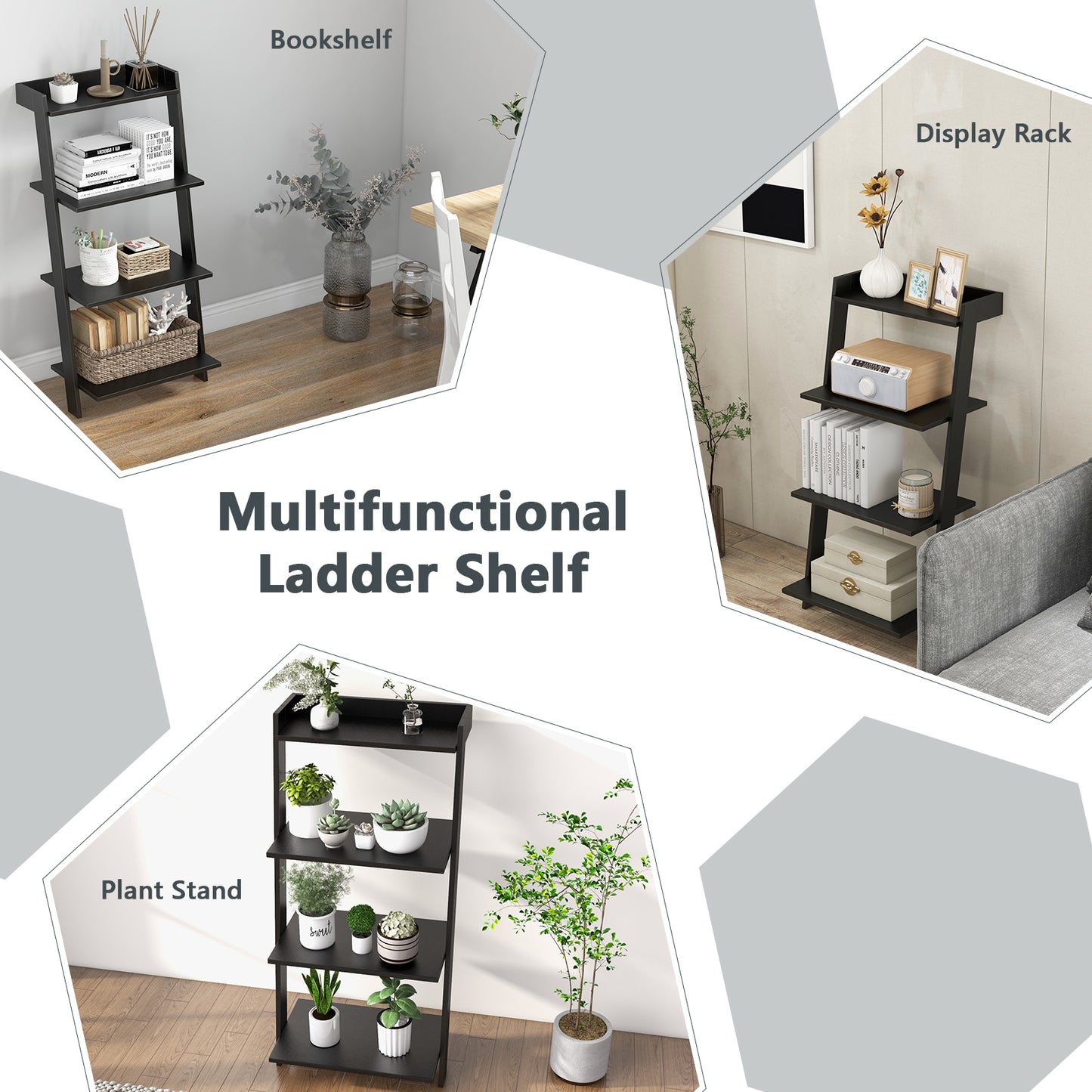 4-Tier Ladder Shelf with Solid Frame and Anti-toppling Device-Black Kids Crystal