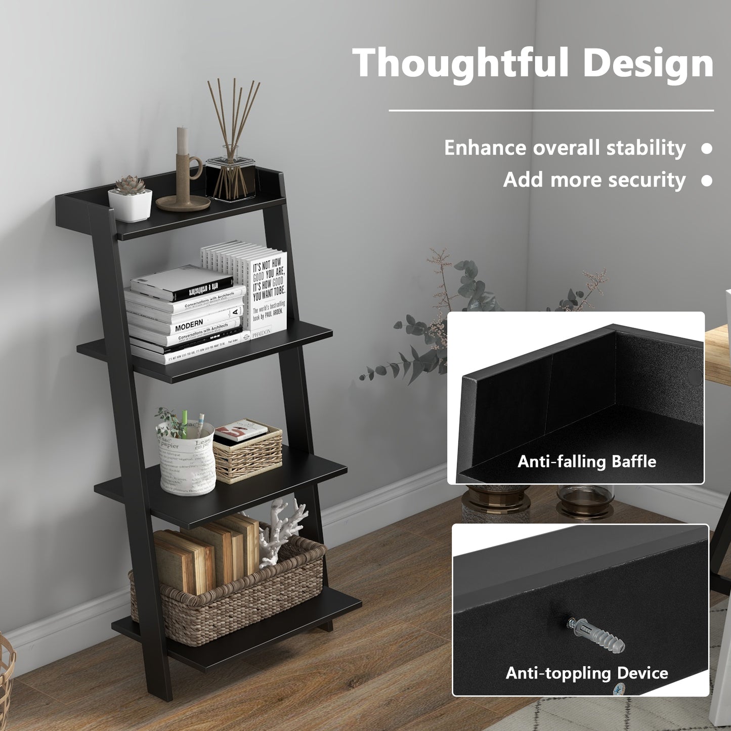 4-Tier Ladder Shelf with Solid Frame and Anti-toppling Device-Black Kids Crystal