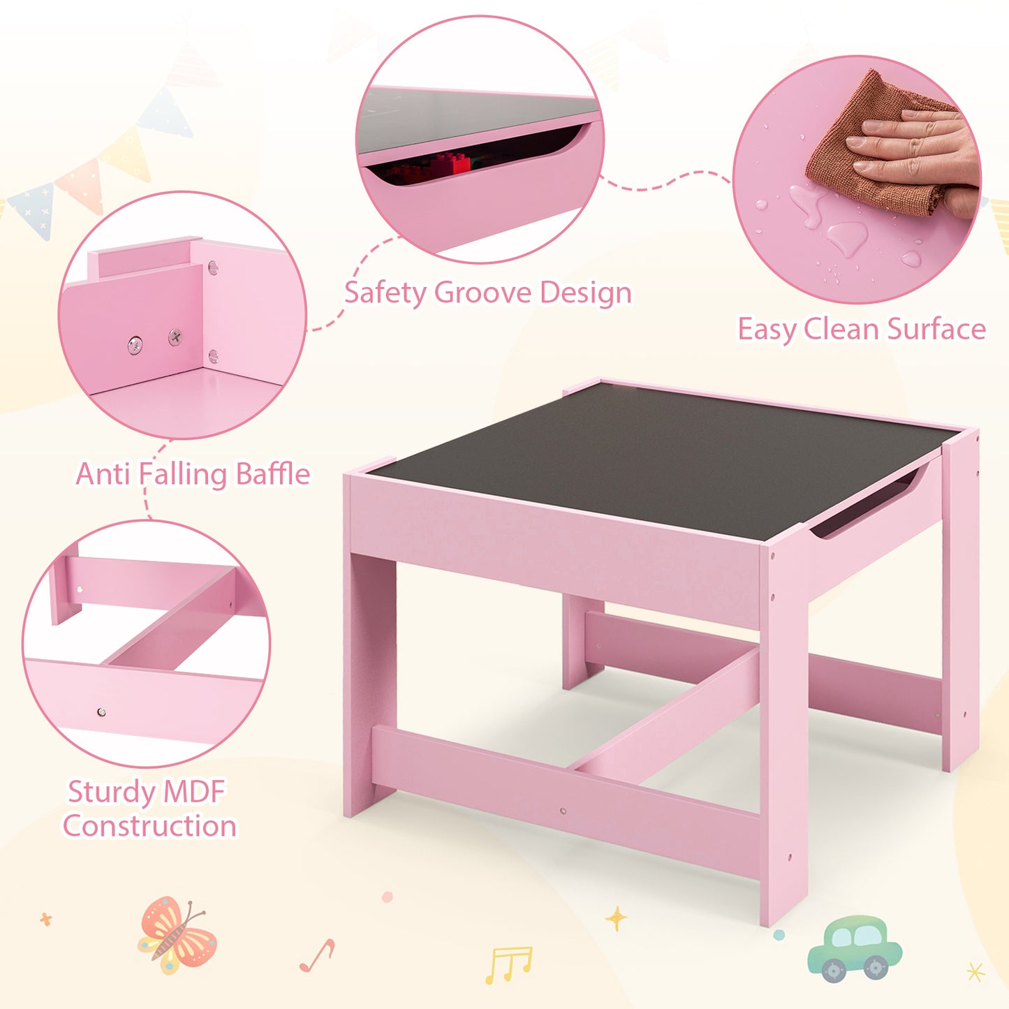 Kids Table Chairs Set With Storage Boxes Blackboard Whiteboard Drawing-Pink Kids Crystal