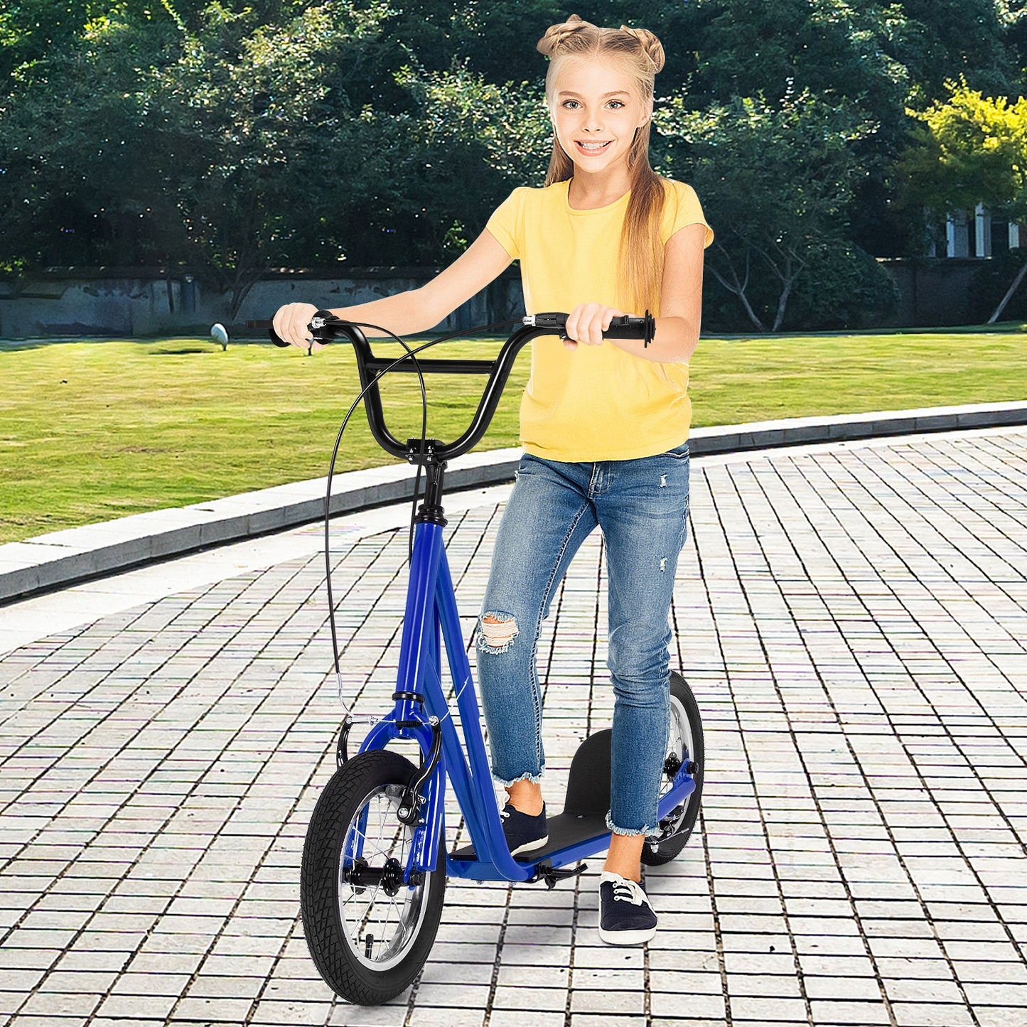 Height Adjustable Kid Kick Scooter with 12 Inch Air Filled Wheel-Navy Kids Crystal