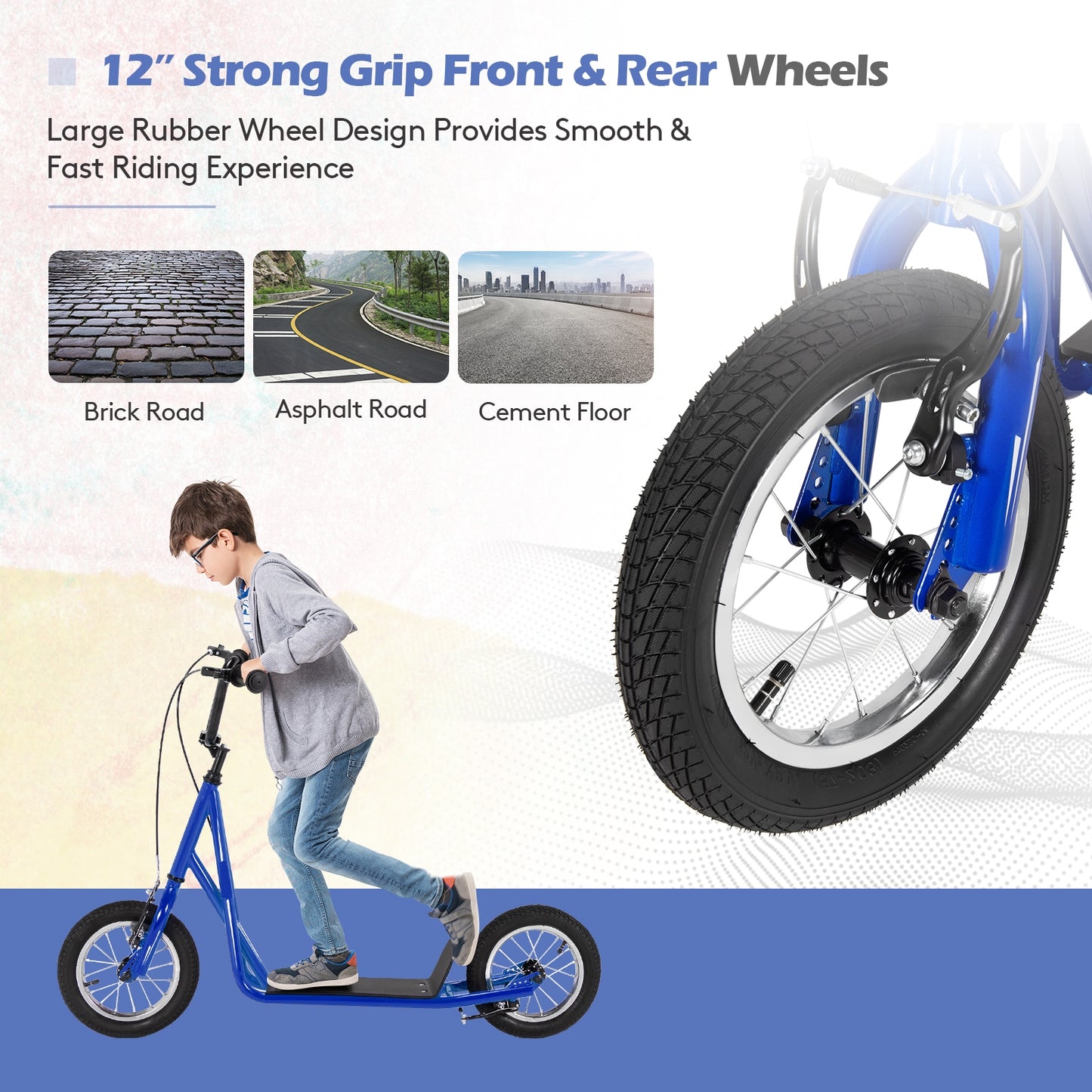 Height Adjustable Kid Kick Scooter with 12 Inch Air Filled Wheel-Navy Kids Crystal