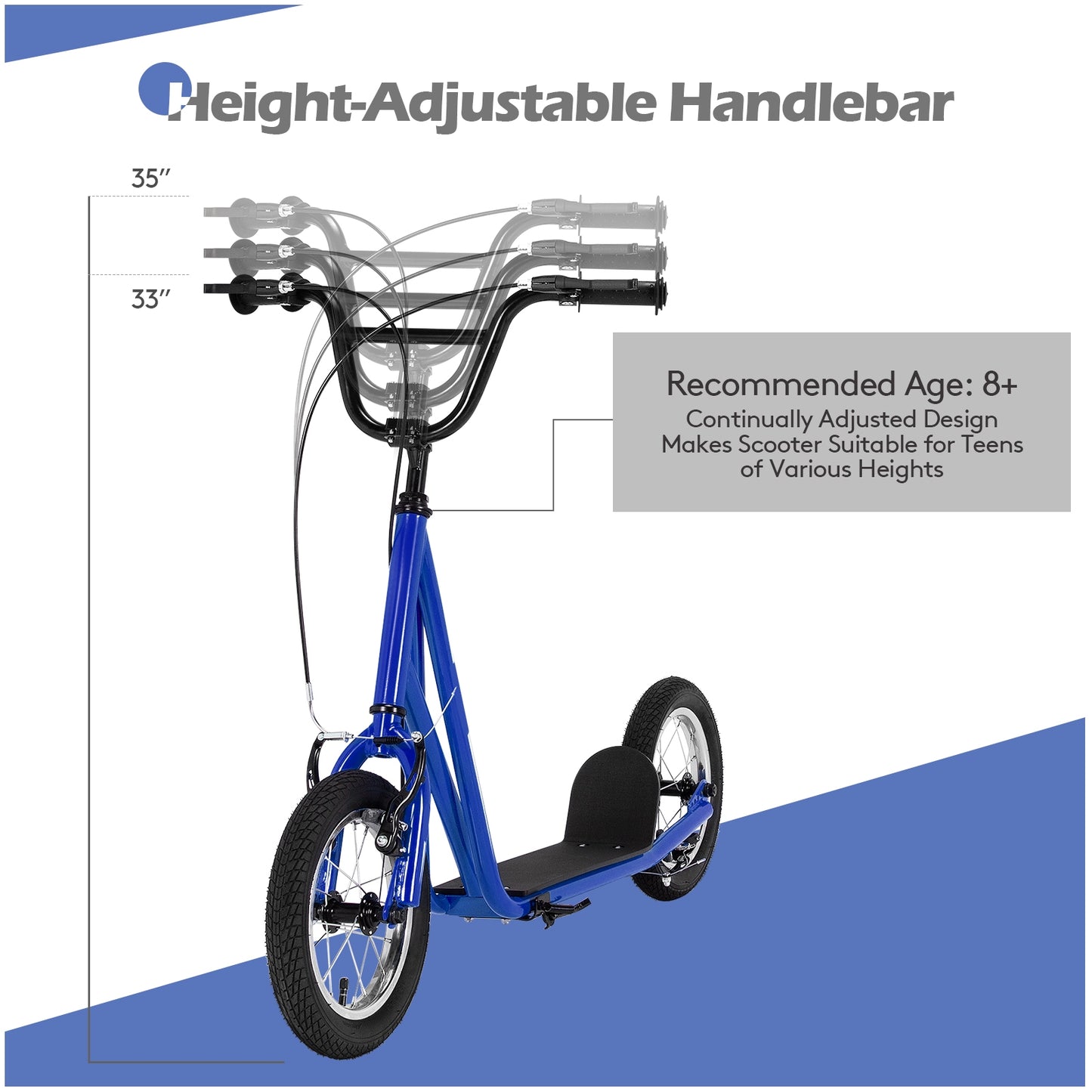 Height Adjustable Kid Kick Scooter with 12 Inch Air Filled Wheel-Navy Kids Crystal