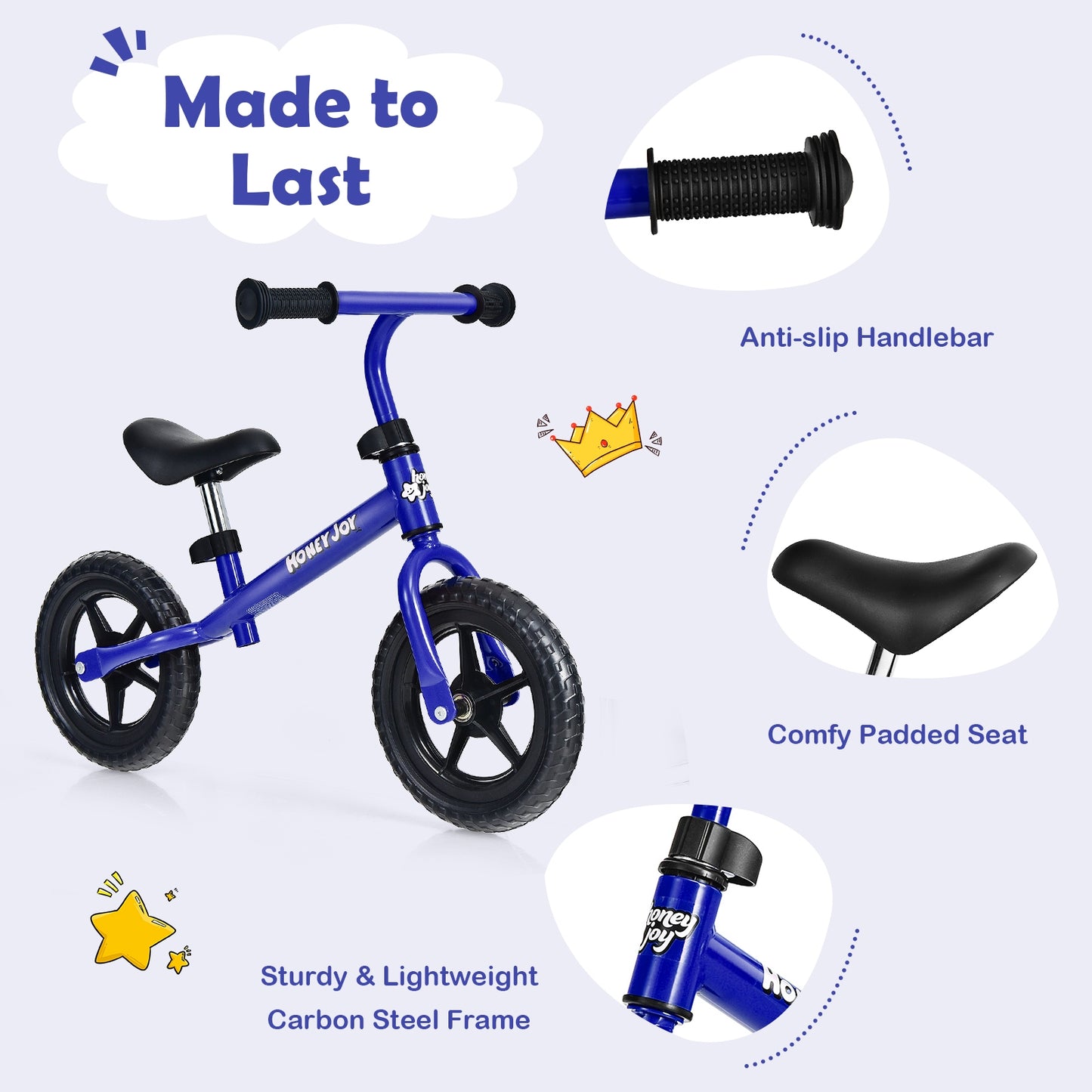 Kids No Pedal Balance Bike with Adjustable Handlebar and Seat-Blue Kids Crystal
