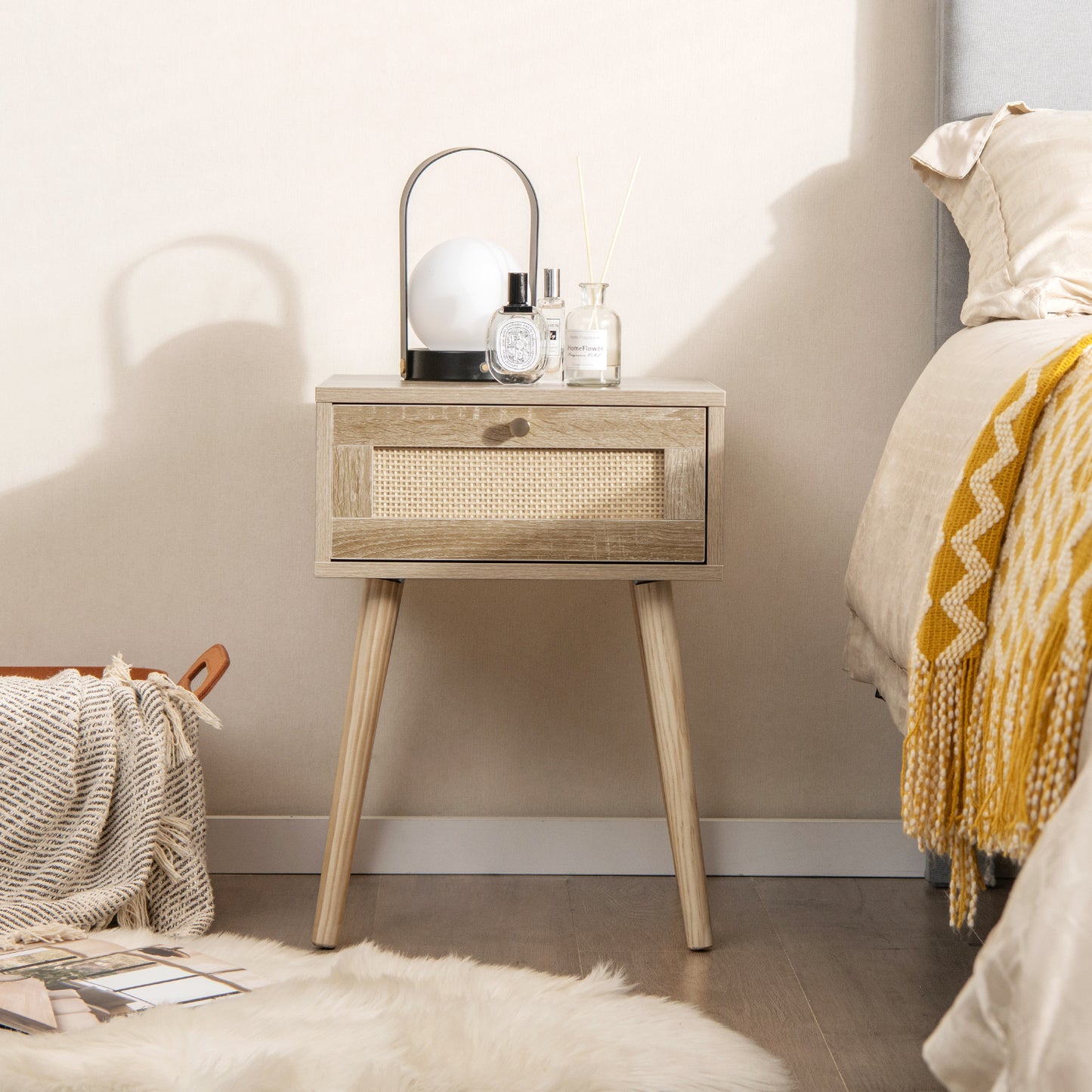 Modern Rattan Nightstand with Drawer and Solid Wood Legs for Bedroom and Living Room-Natural Kids Crystal