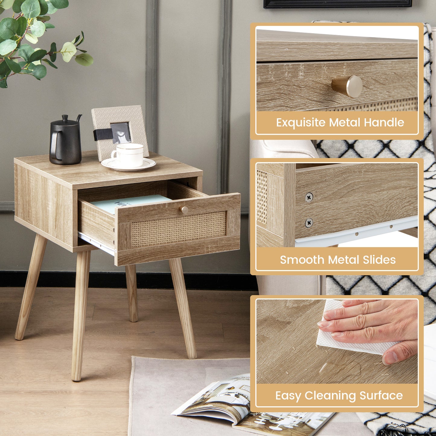 Modern Rattan Nightstand with Drawer and Solid Wood Legs for Bedroom and Living Room-Natural Kids Crystal