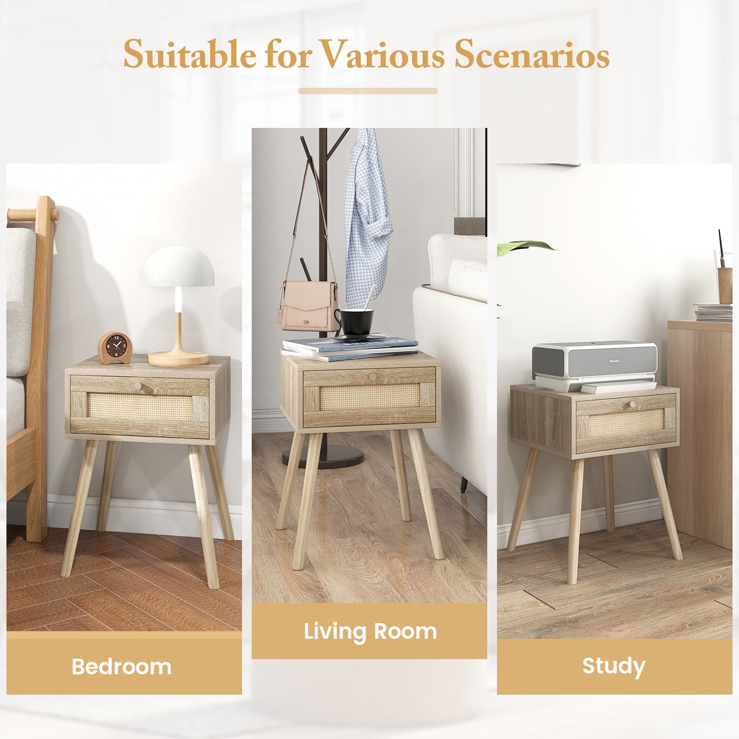 Modern Rattan Nightstand with Drawer and Solid Wood Legs for Bedroom and Living Room-Natural Kids Crystal