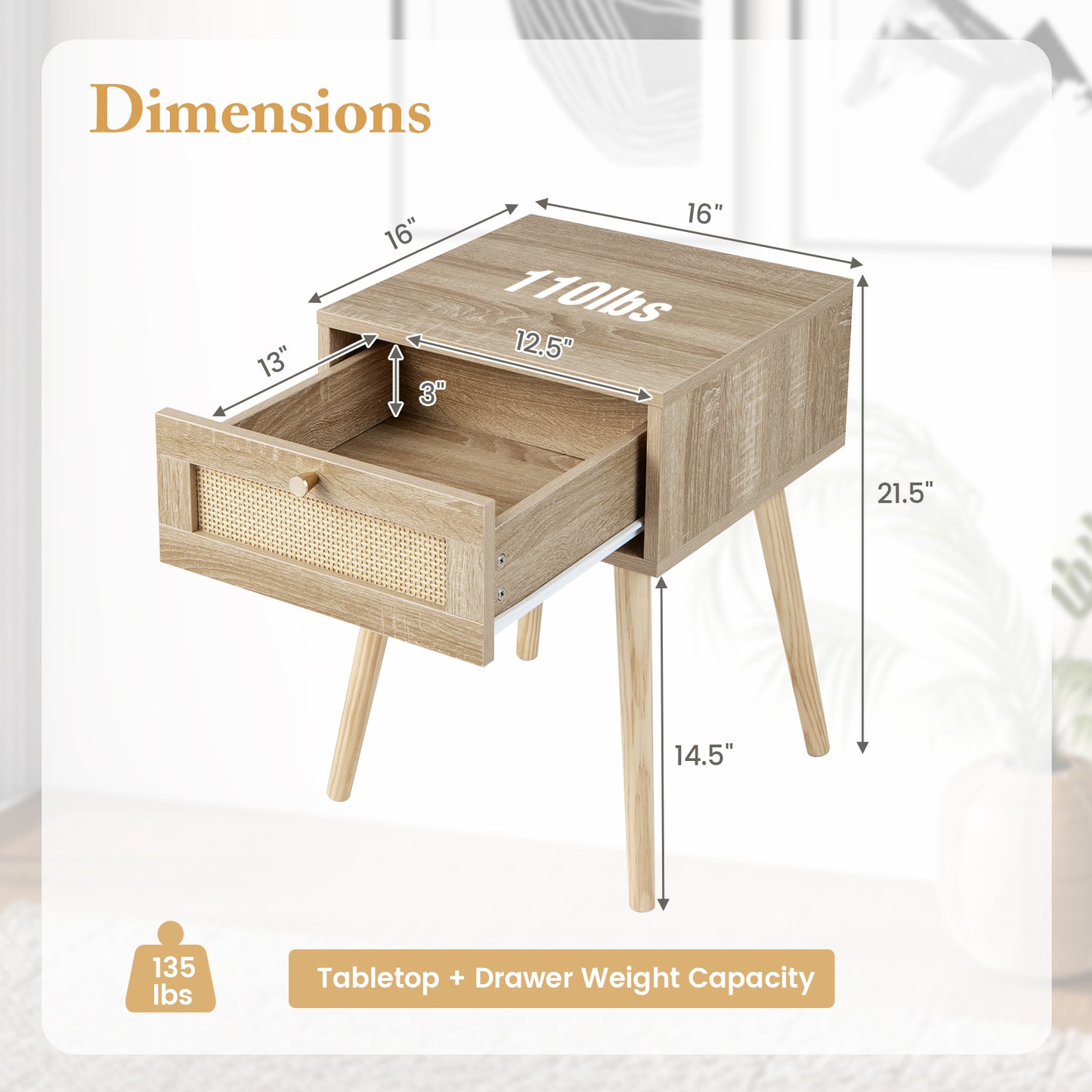 Modern Rattan Nightstand with Drawer and Solid Wood Legs for Bedroom and Living Room-Natural Kids Crystal