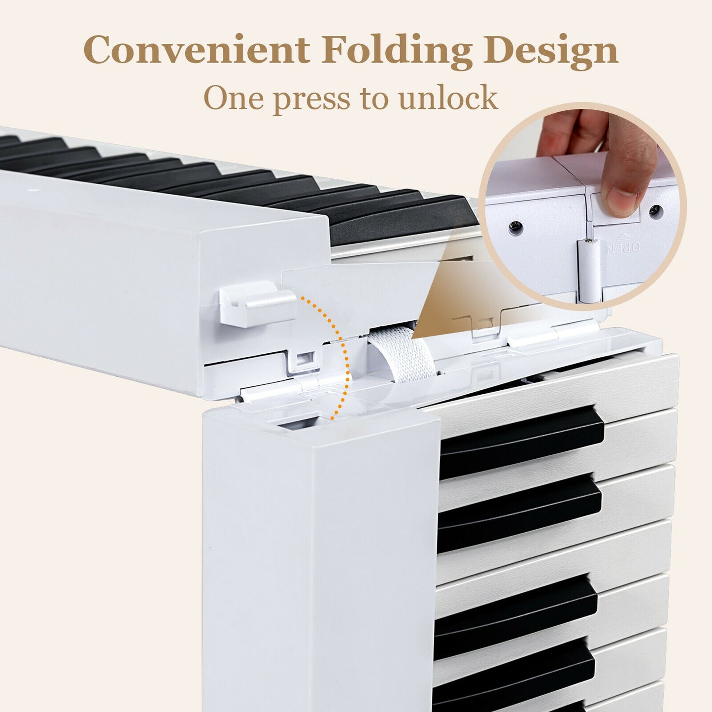 88-Key Foldable Digital Piano with MIDI and Wireless BT-White Kids Crystal