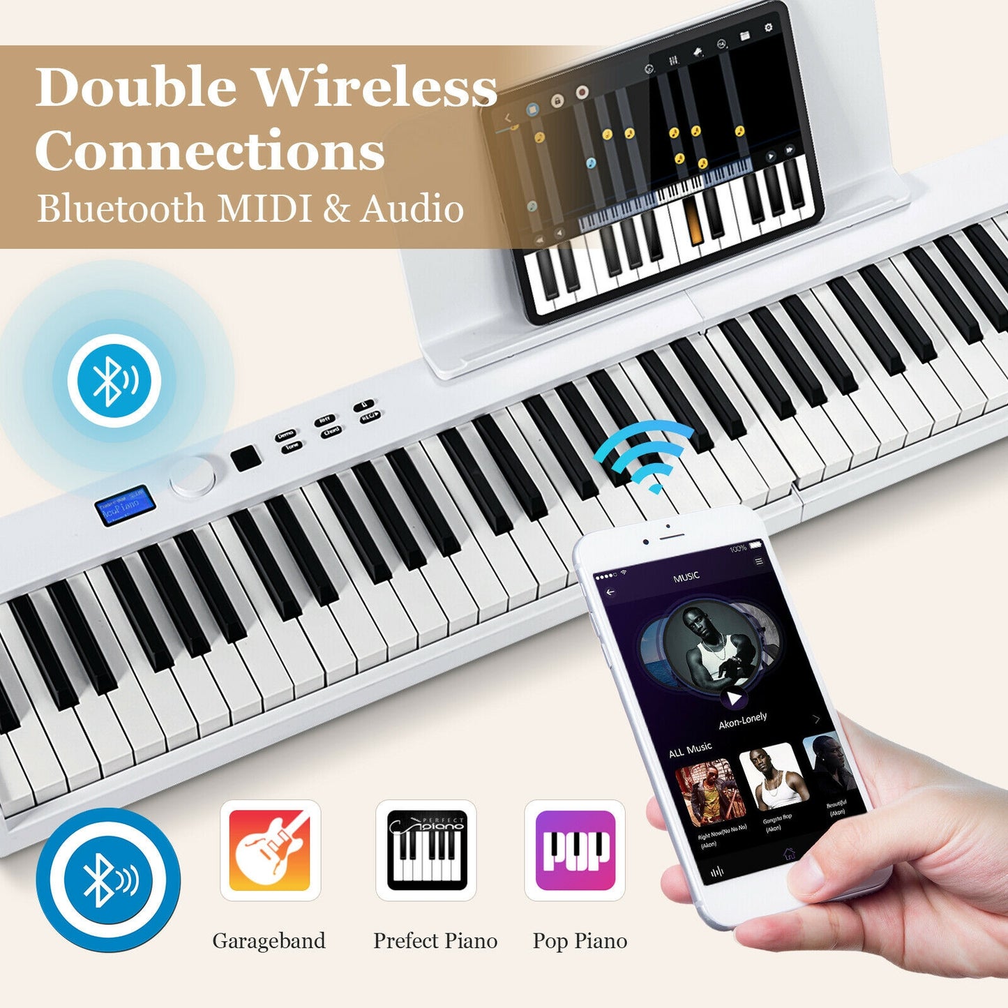88-Key Foldable Digital Piano with MIDI and Wireless BT-White Kids Crystal