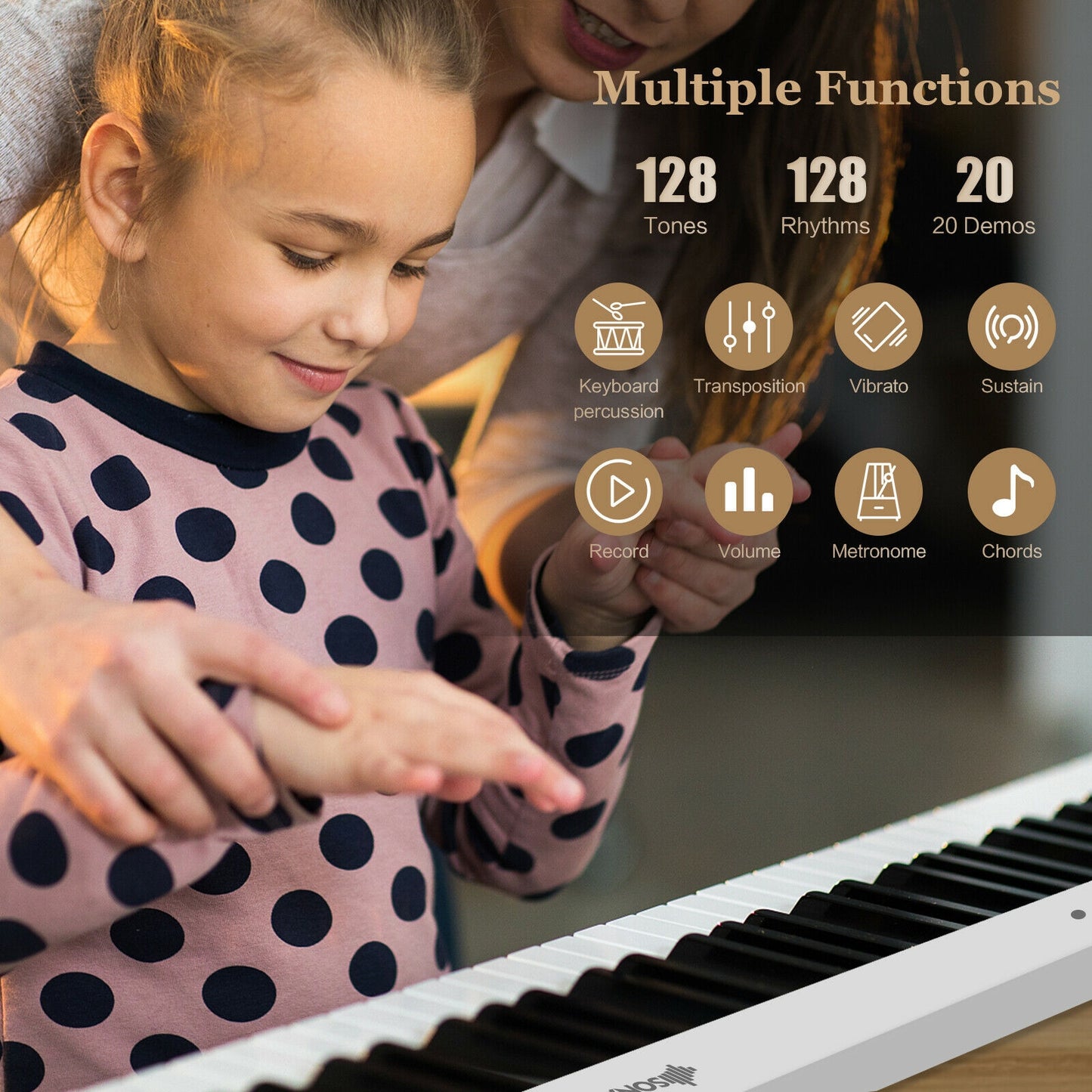 88-Key Foldable Digital Piano with MIDI and Wireless BT-White Kids Crystal
