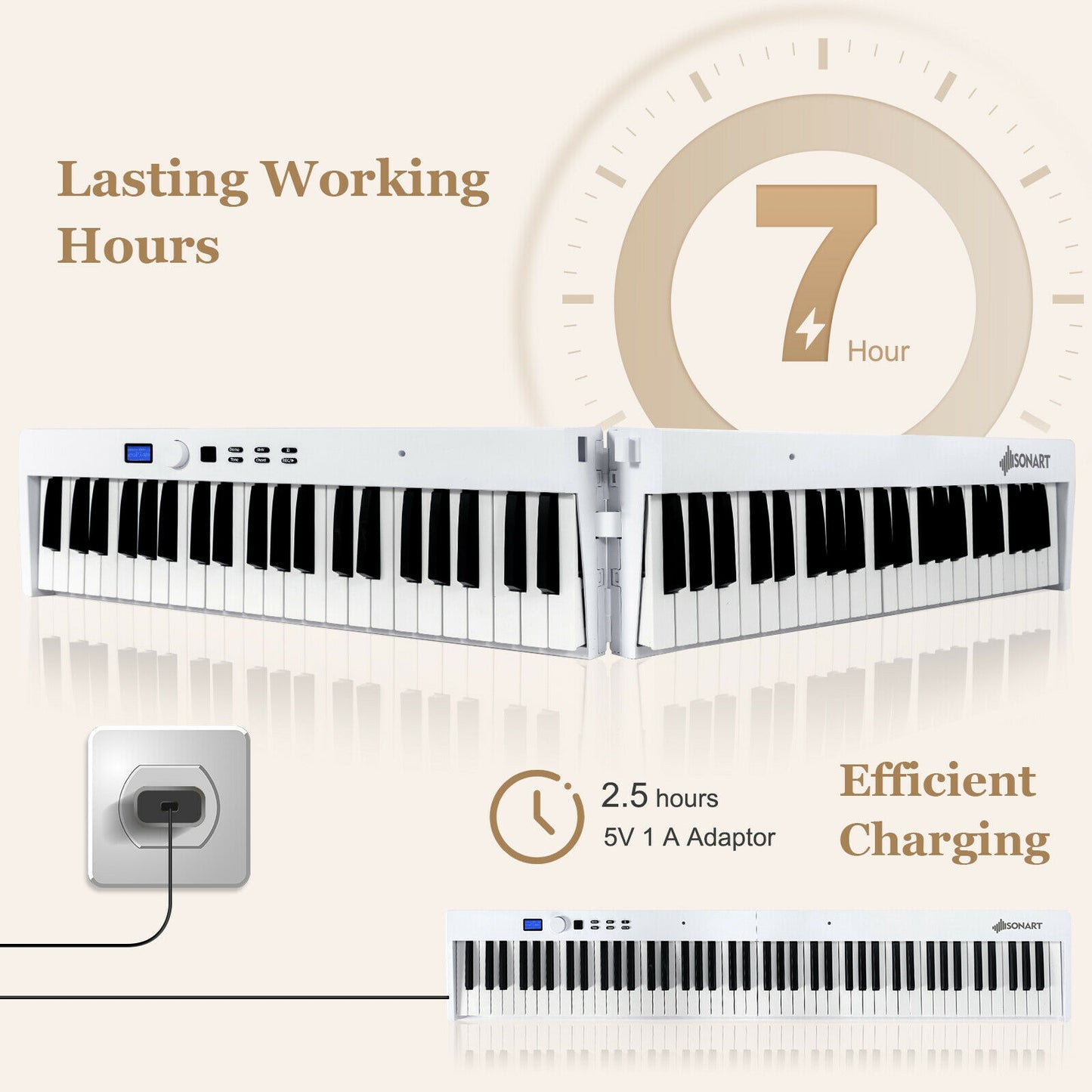 88-Key Foldable Digital Piano with MIDI and Wireless BT-White Kids Crystal