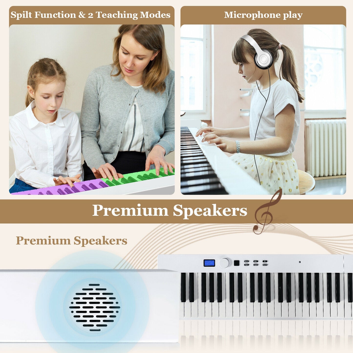 88-Key Foldable Digital Piano with MIDI and Wireless BT-White Kids Crystal