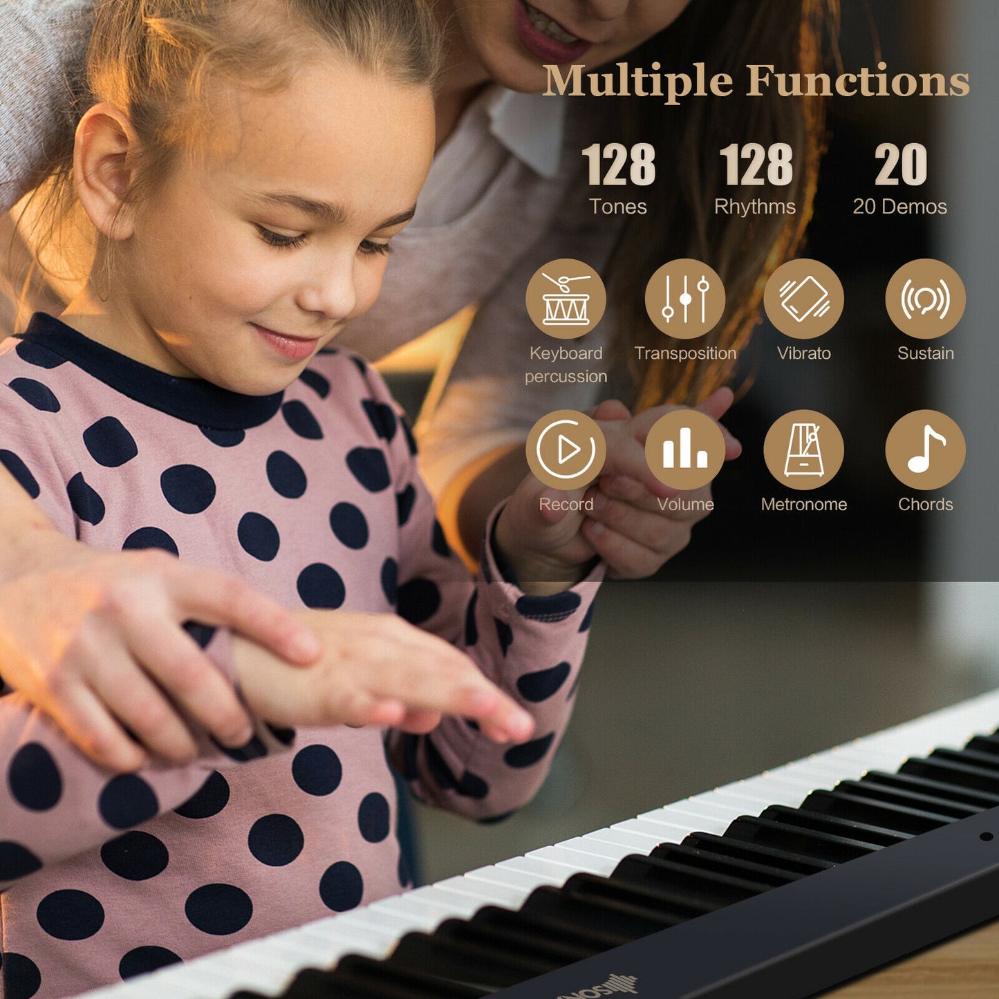 88-Key Foldable Digital Piano with MIDI and Wireless BT-Black Kids Crystal