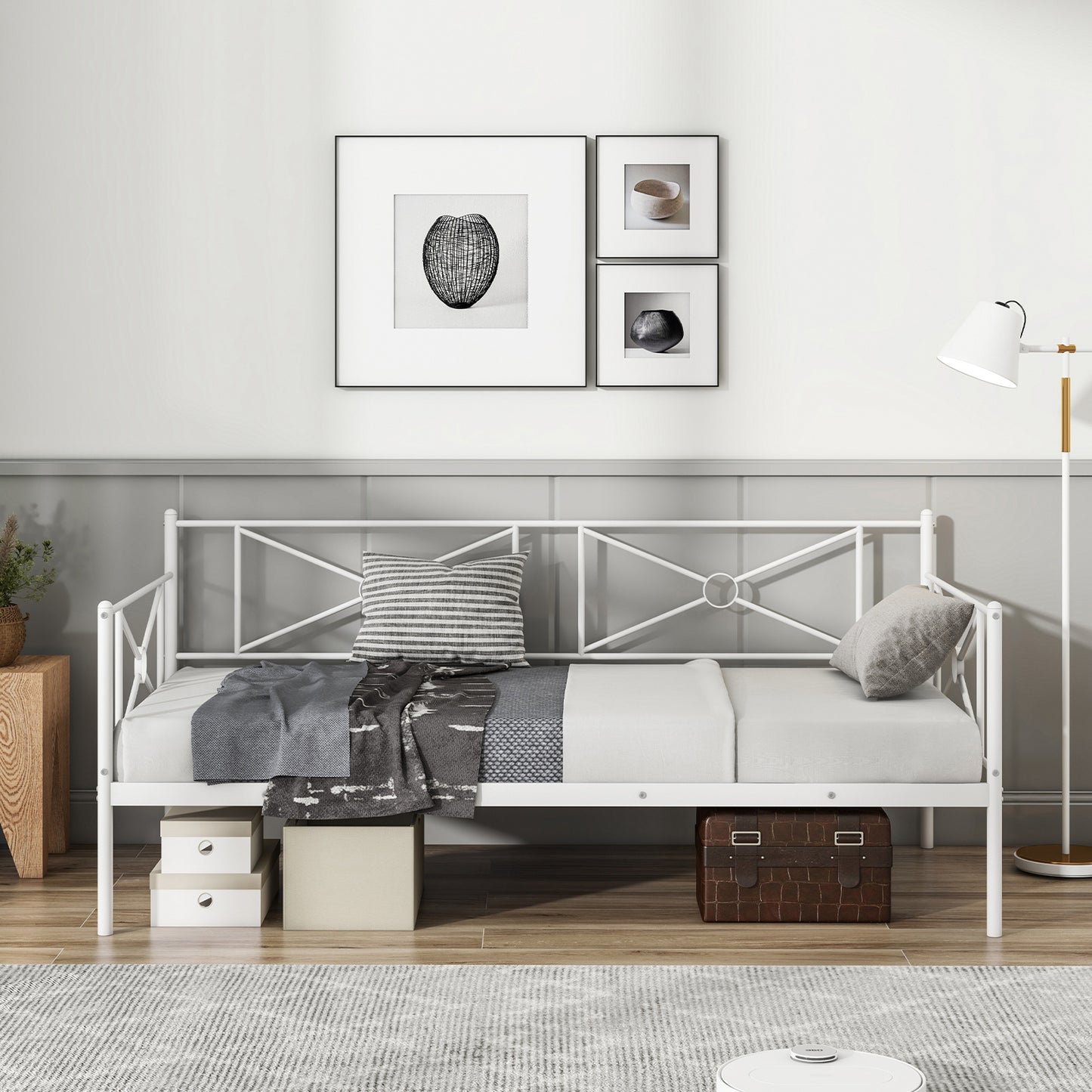 Metal Daybed Twin Bed Frame Stable Steel Slats Sofa Bed-White Kids Crystal
