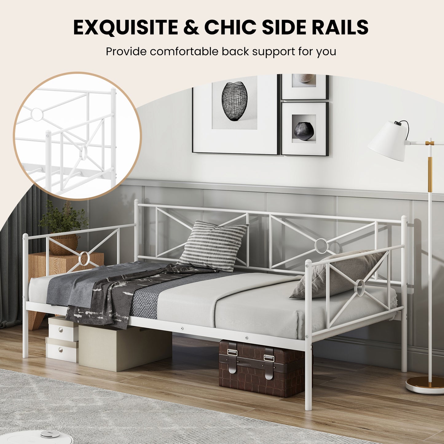 Metal Daybed Twin Bed Frame Stable Steel Slats Sofa Bed-White Kids Crystal