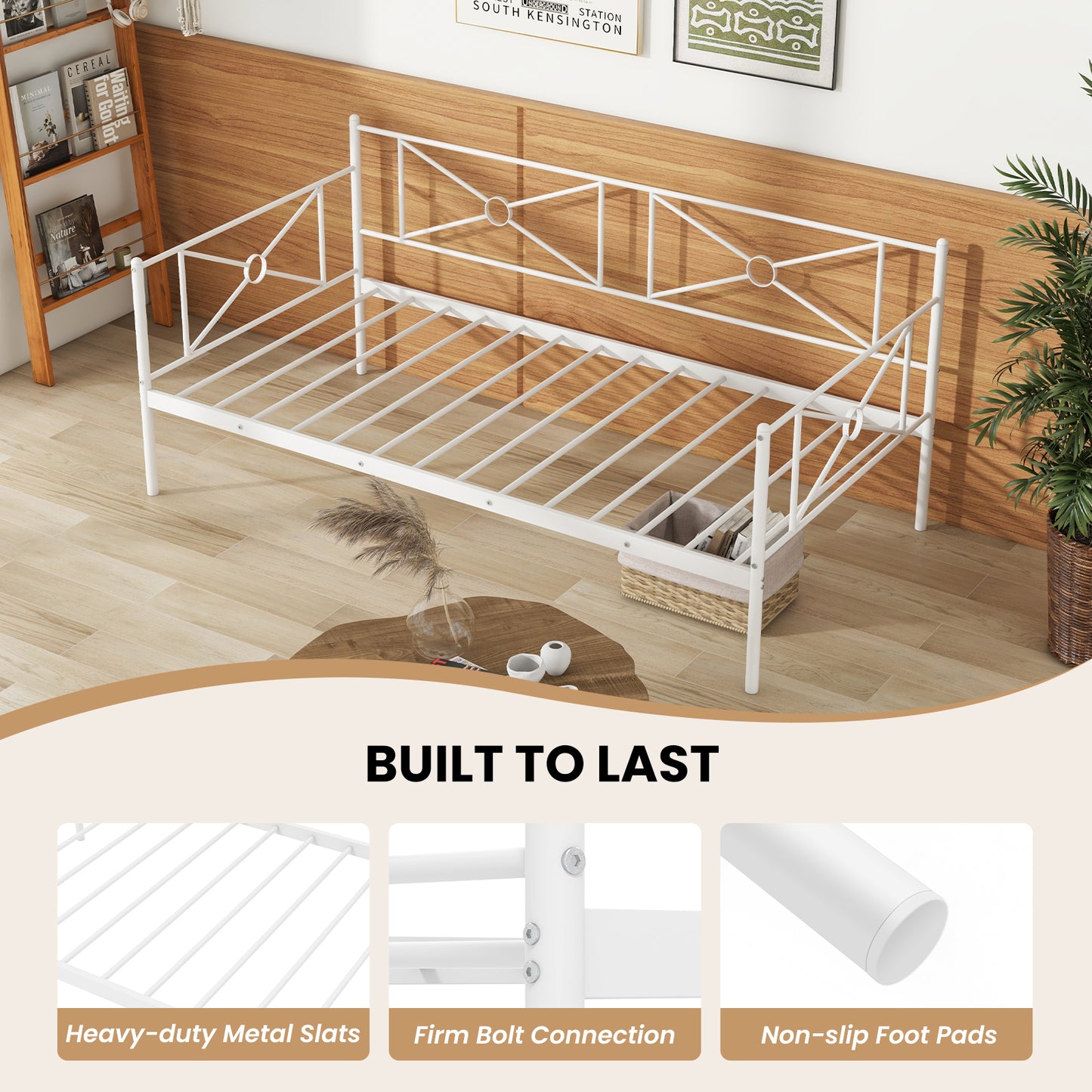 Metal Daybed Twin Bed Frame Stable Steel Slats Sofa Bed-White Kids Crystal
