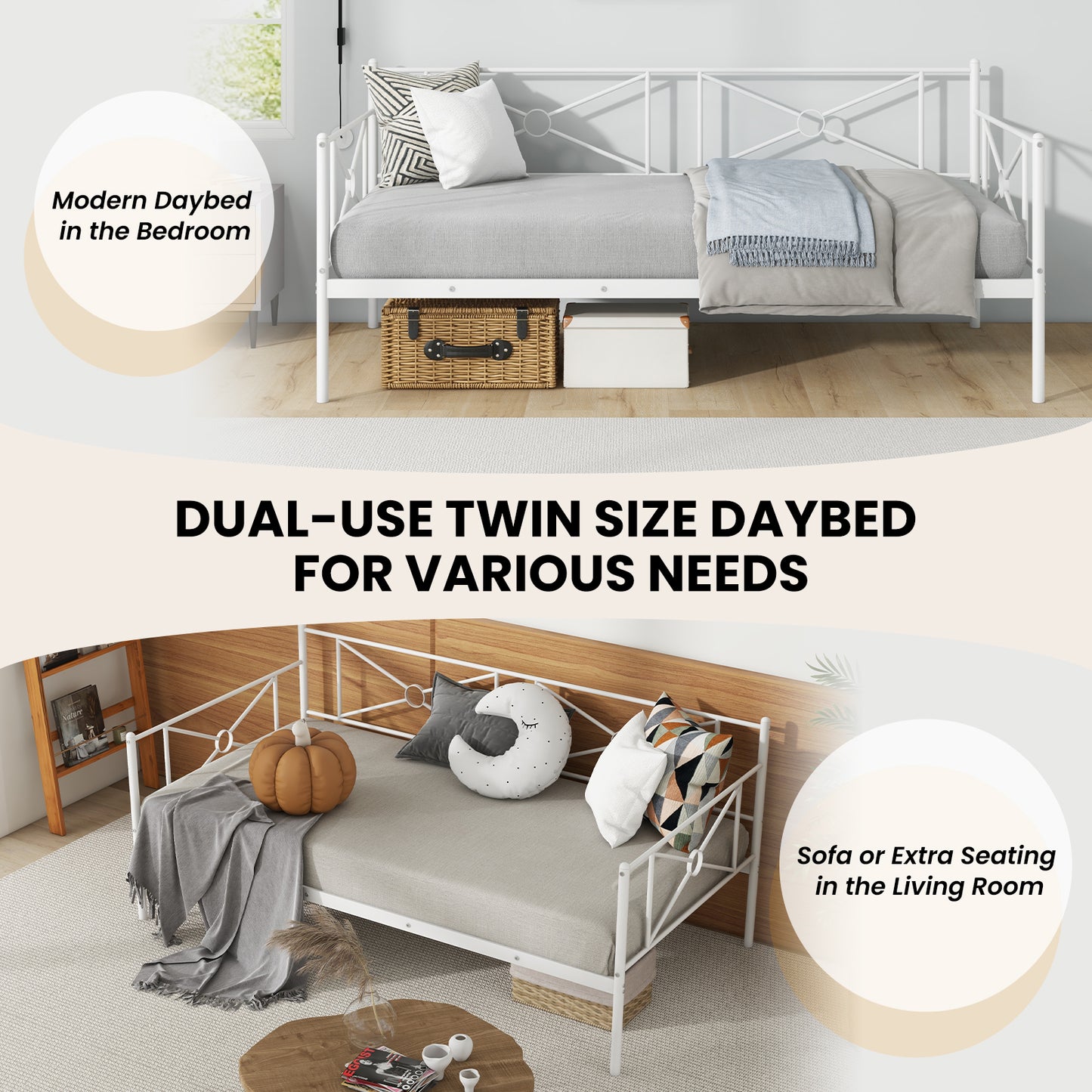 Metal Daybed Twin Bed Frame Stable Steel Slats Sofa Bed-White Kids Crystal