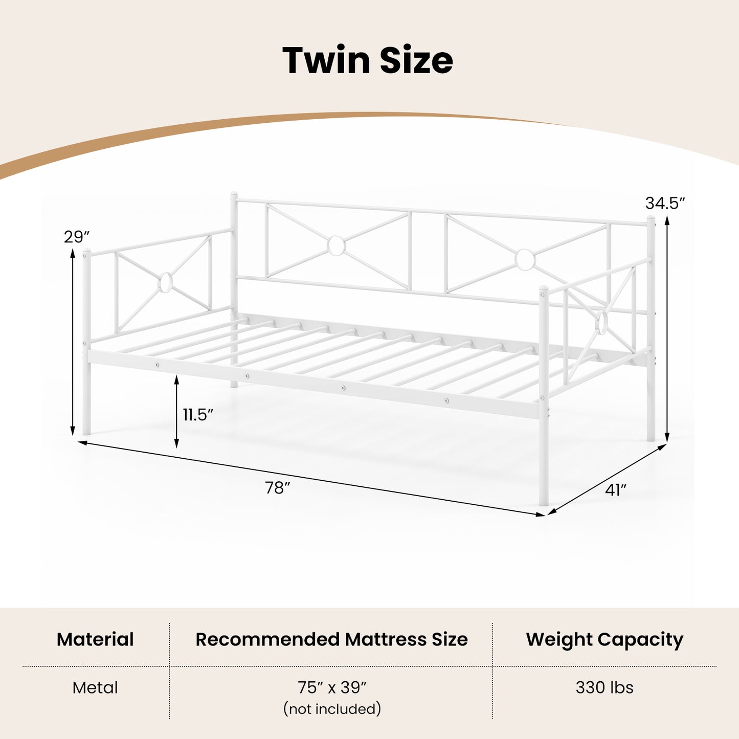 Metal Daybed Twin Bed Frame Stable Steel Slats Sofa Bed-White Kids Crystal