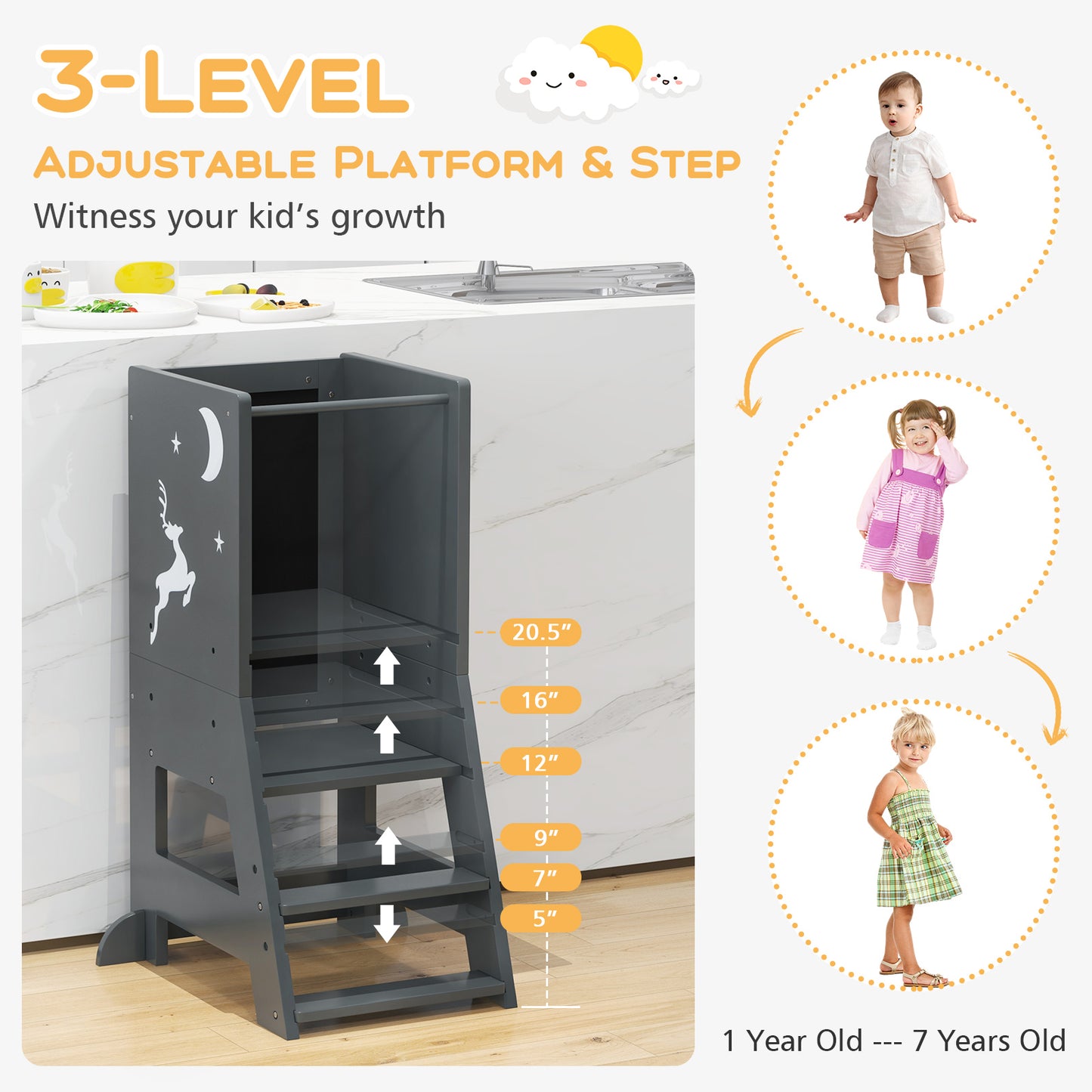Toddler Kitchen Stool Helper Baby Standing Tower with Chalkboard and Whiteboard-Gray Kids Crystal