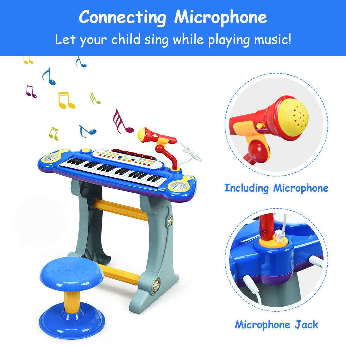 37 Key Electronic Keyboard Kids Toy Piano-Blue Kids Crystal