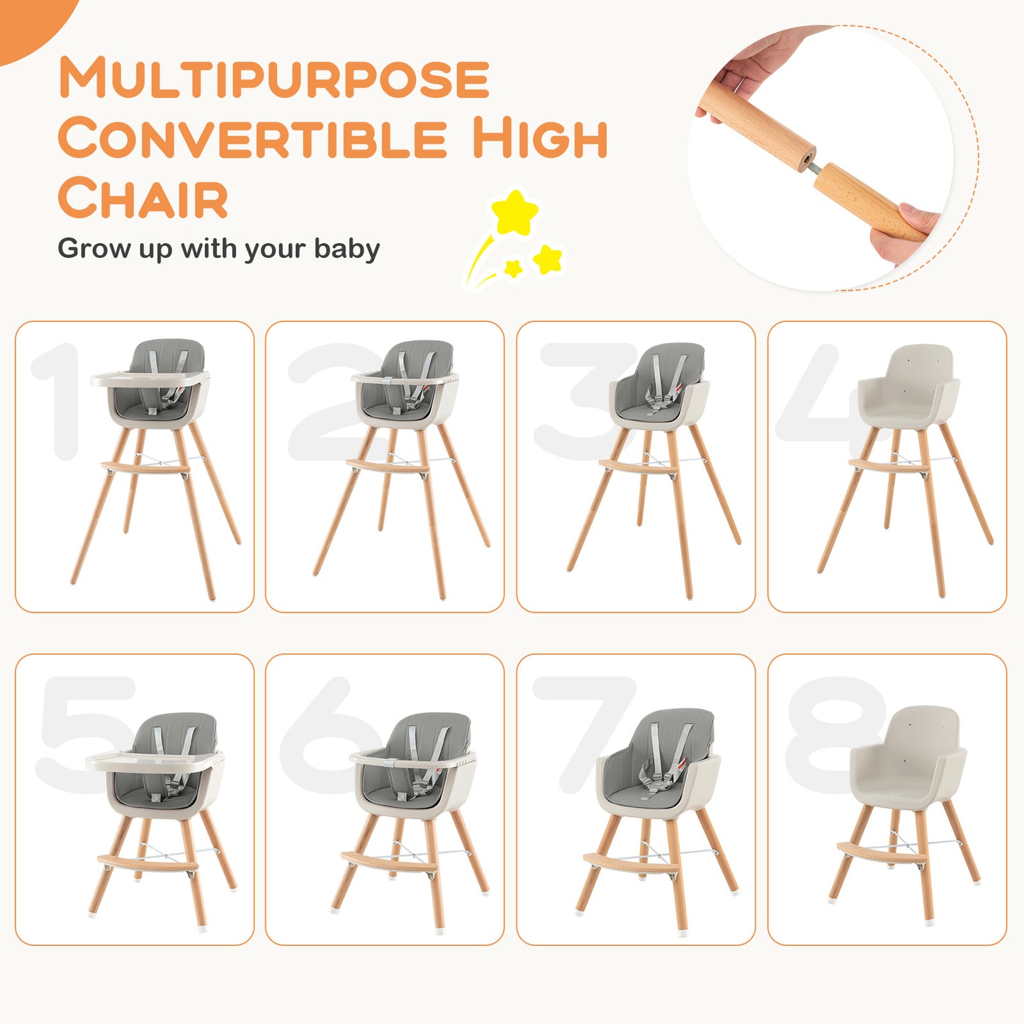 3-in-1 Convertible Wooden High Chair with Cushion-Gray Kids Crystal