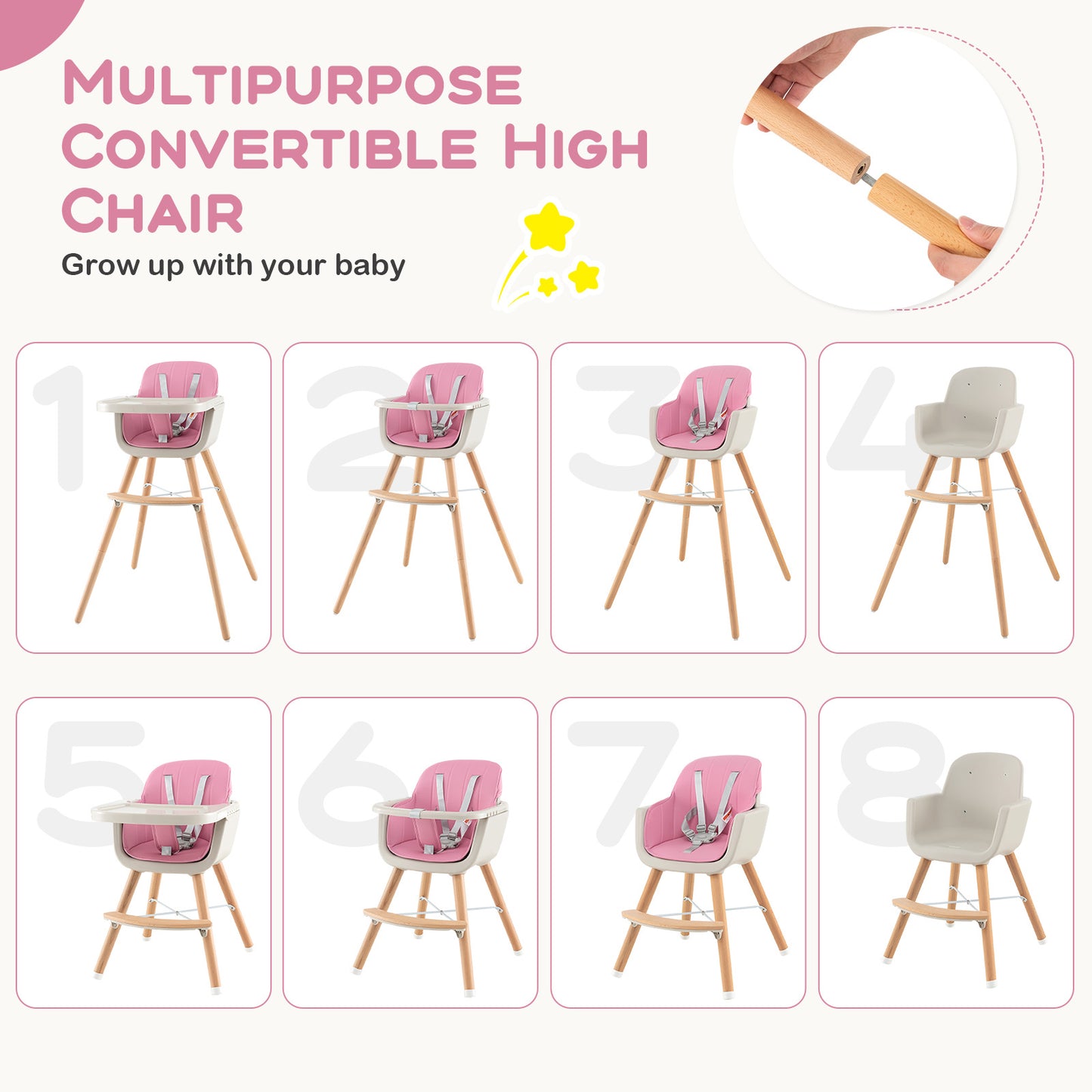 3-in-1 Convertible Wooden High Chair with Cushion-Pink Kids Crystal