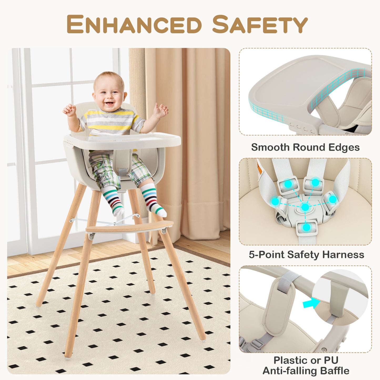 3-in-1 Convertible Wooden High Chair with Cushion-Beige Kids Crystal