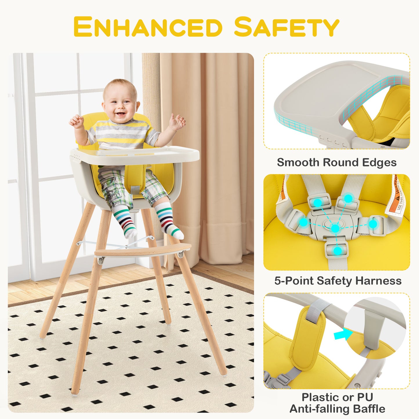 3-in-1 Convertible Wooden High Chair with Cushion-Yellow Kids Crystal