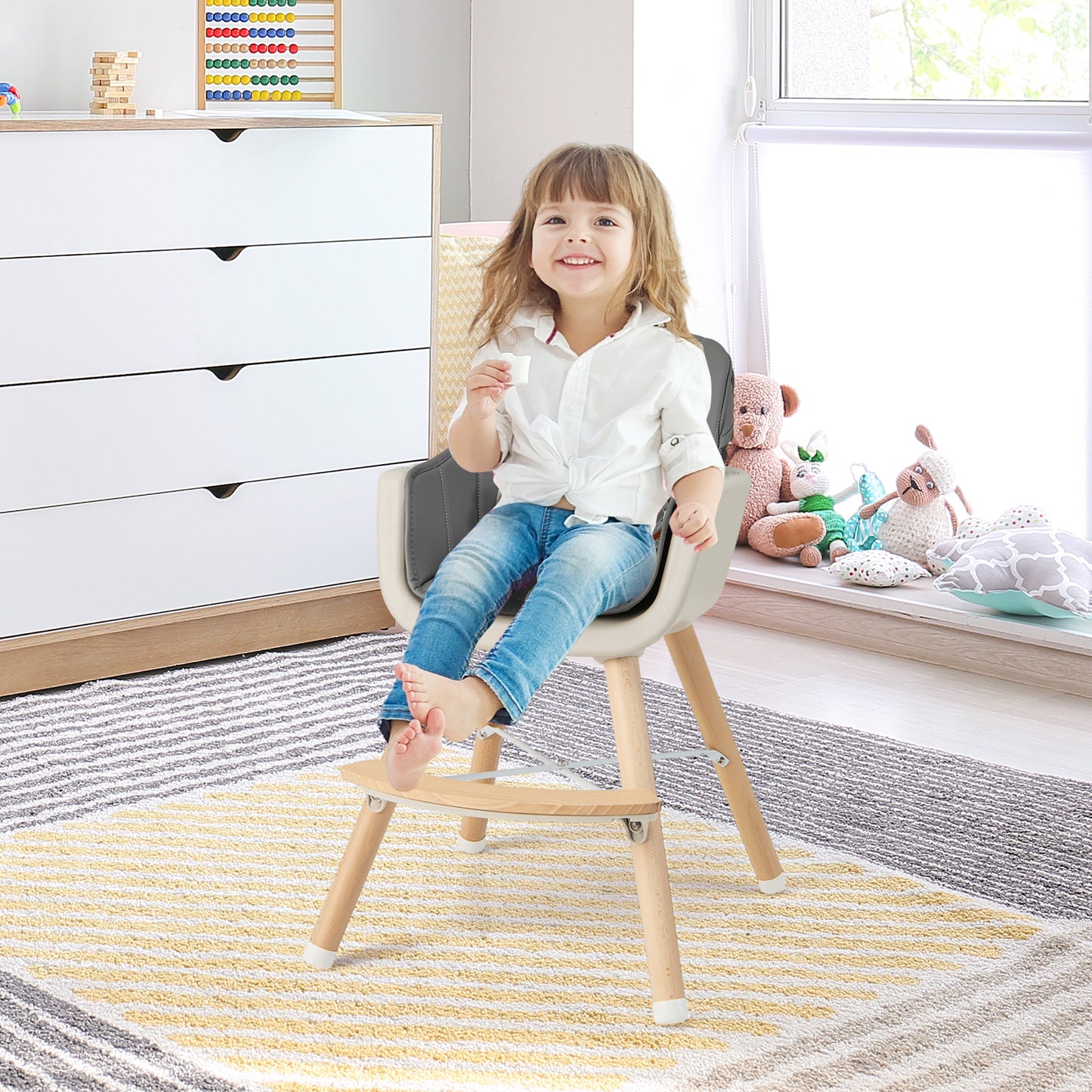 3-in-1 Convertible Wooden High Chair with Cushion-Light Gray Kids Crystal