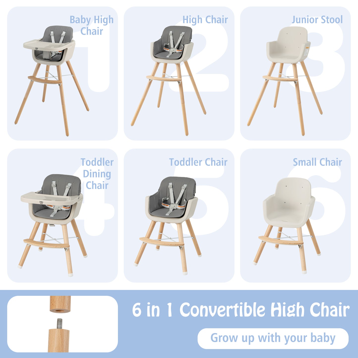 3-in-1 Convertible Wooden High Chair with Cushion-Light Gray Kids Crystal