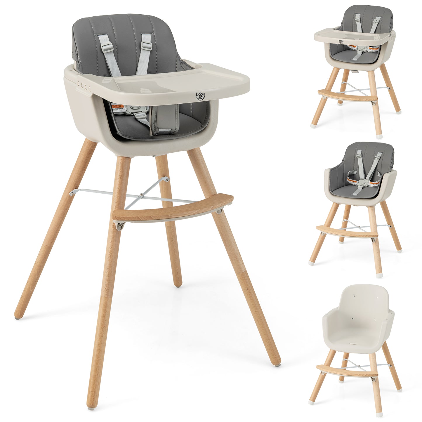 3-in-1 Convertible Wooden High Chair with Cushion-Light Gray Kids Crystal